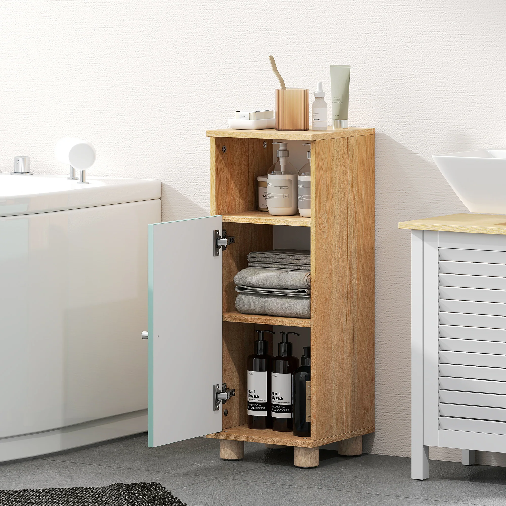 Meuble de salle de bain, meuble de rangement étroit avec placard à porte et compartiment ouvert, armoire salle de bain, salon, chambre, petits espaces, 30x30x80cm, vert - Image 9