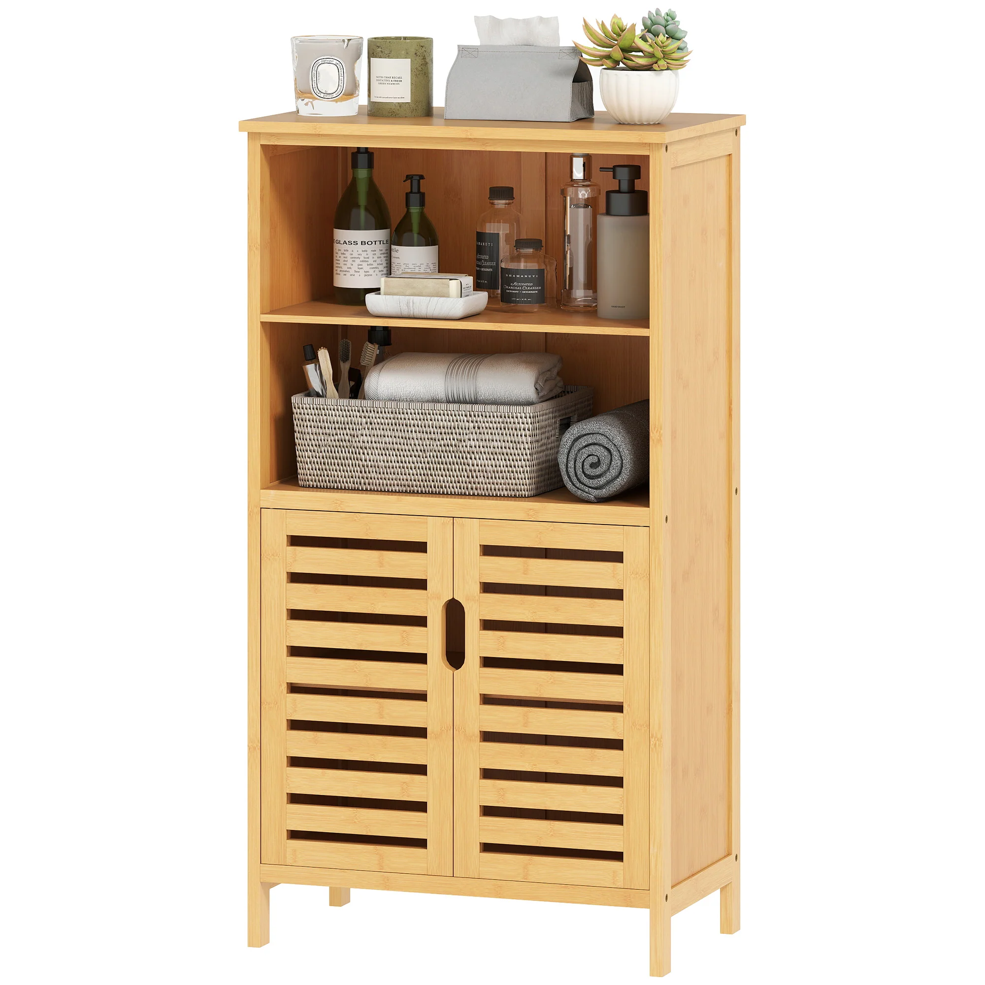 Meuble de salle de bain placard de rangement meuble de rangement sur peids en bambou avec 2 portes et 2 compartiments - 50 x 29 x 92 cm