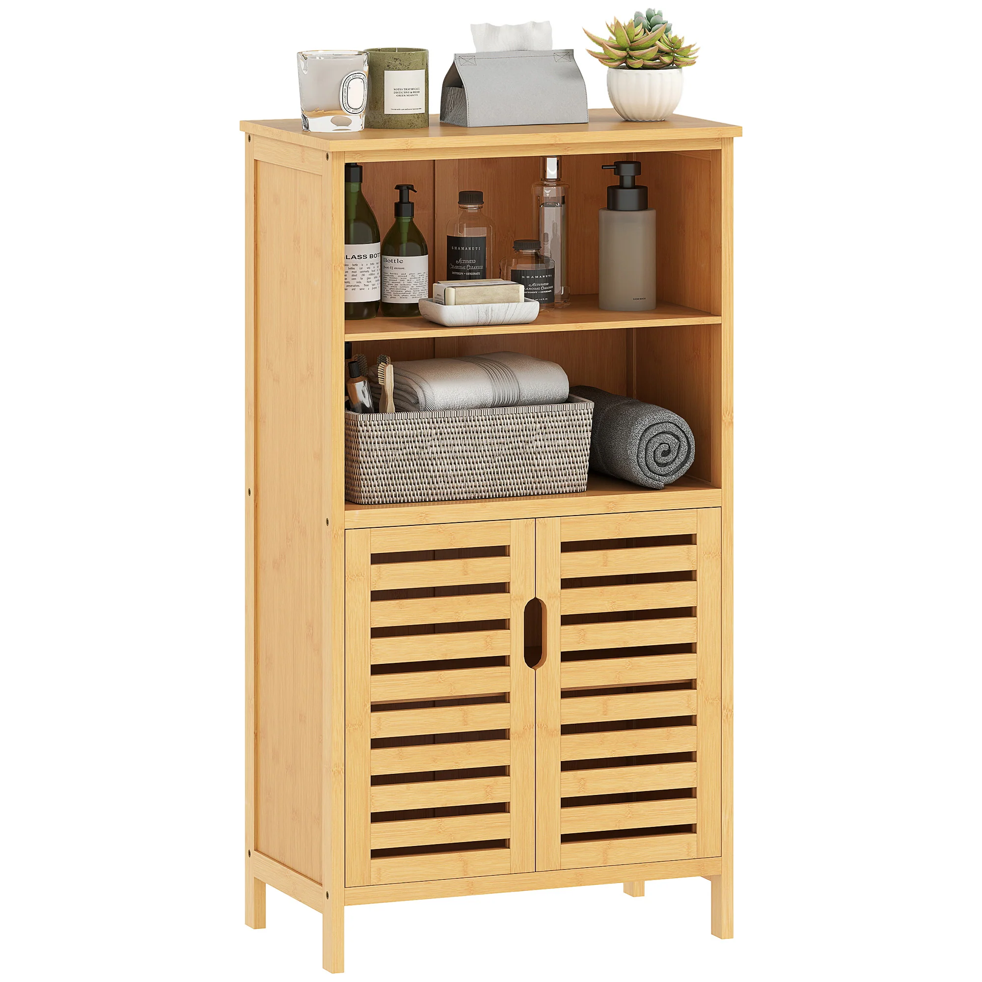 Meuble de salle de bain placard de rangement meuble de rangement sur peids en bambou avec 2 portes et 2 compartiments - 50 x 29 x 92 cm - Image 11