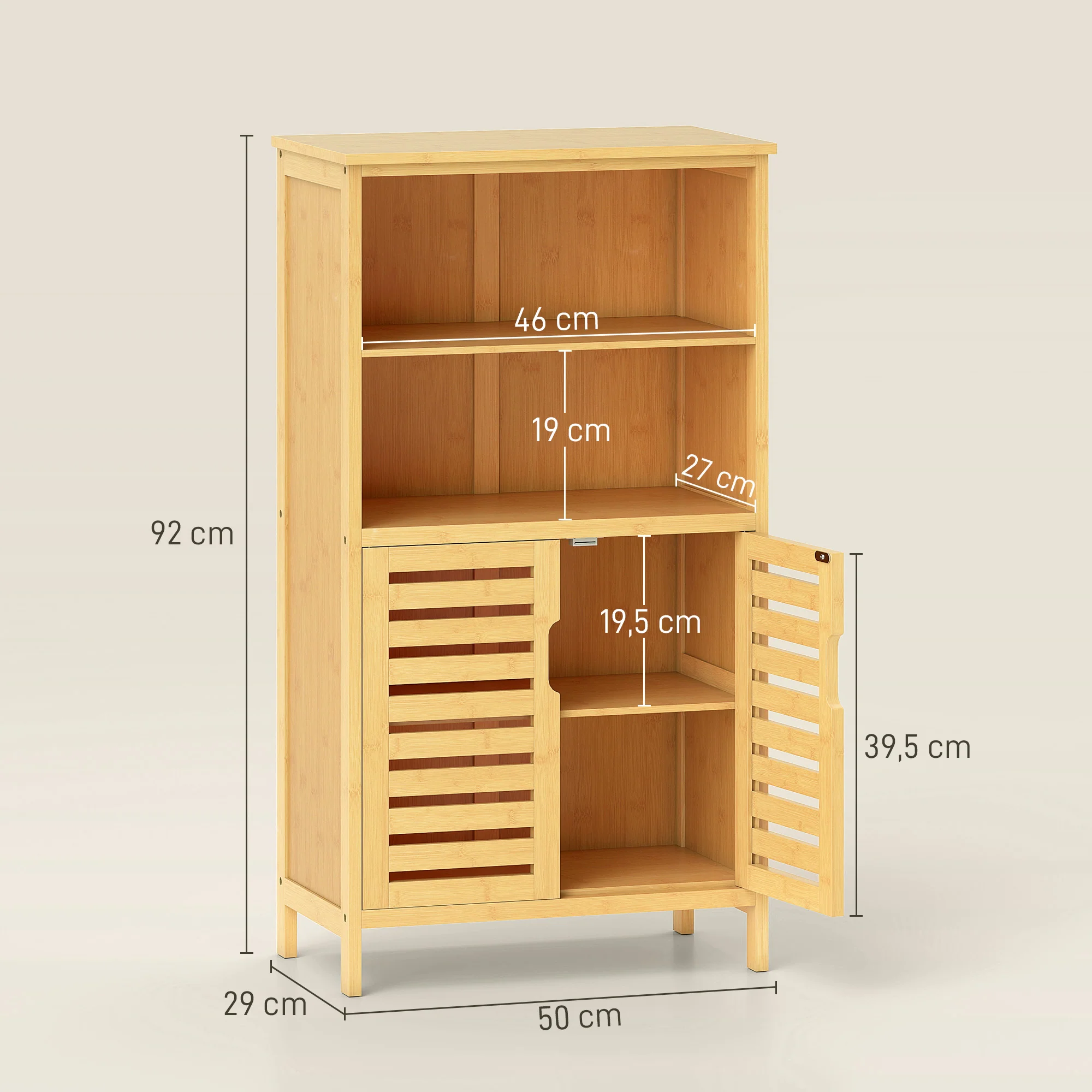 Meuble de salle de bain placard de rangement meuble de rangement sur peids en bambou avec 2 portes et 2 compartiments - 50 x 29 x 92 cm - Image 4