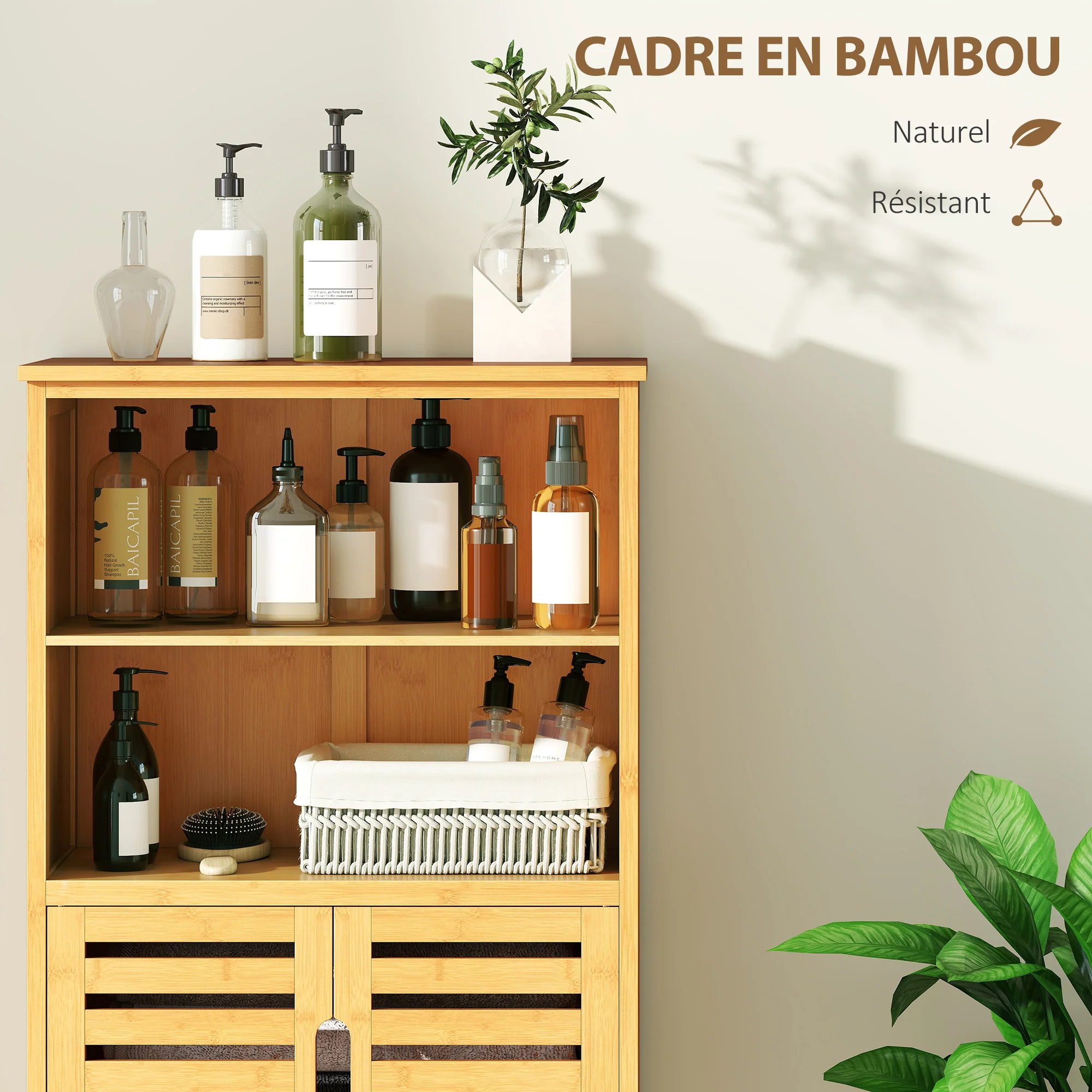 Meuble de salle de bain placard de rangement meuble de rangement sur peids en bambou avec 2 portes et 2 compartiments - 50 x 29 x 92 cm - Image 6
