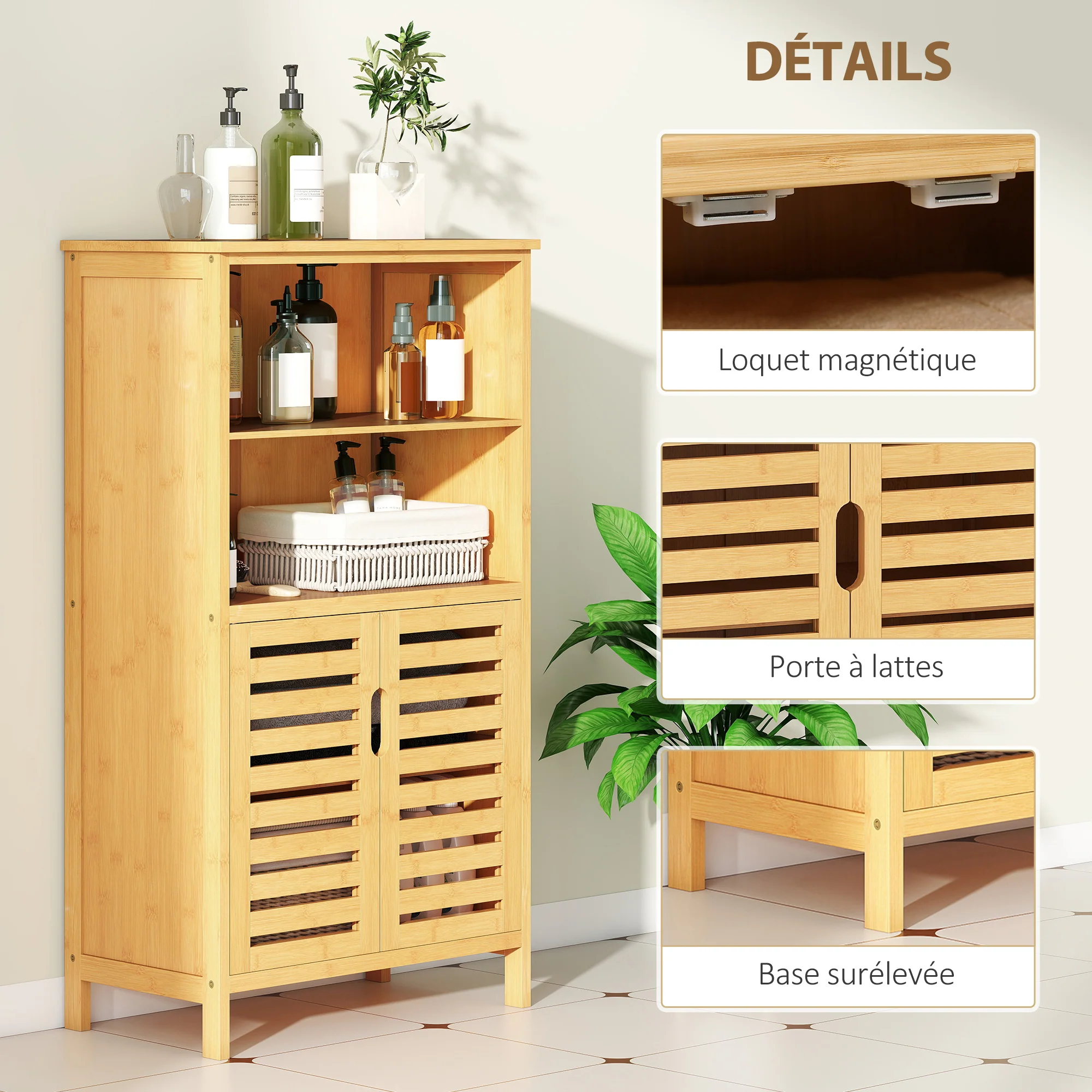 Meuble de salle de bain placard de rangement meuble de rangement sur peids en bambou avec 2 portes et 2 compartiments - 50 x 29 x 92 cm - Image 7