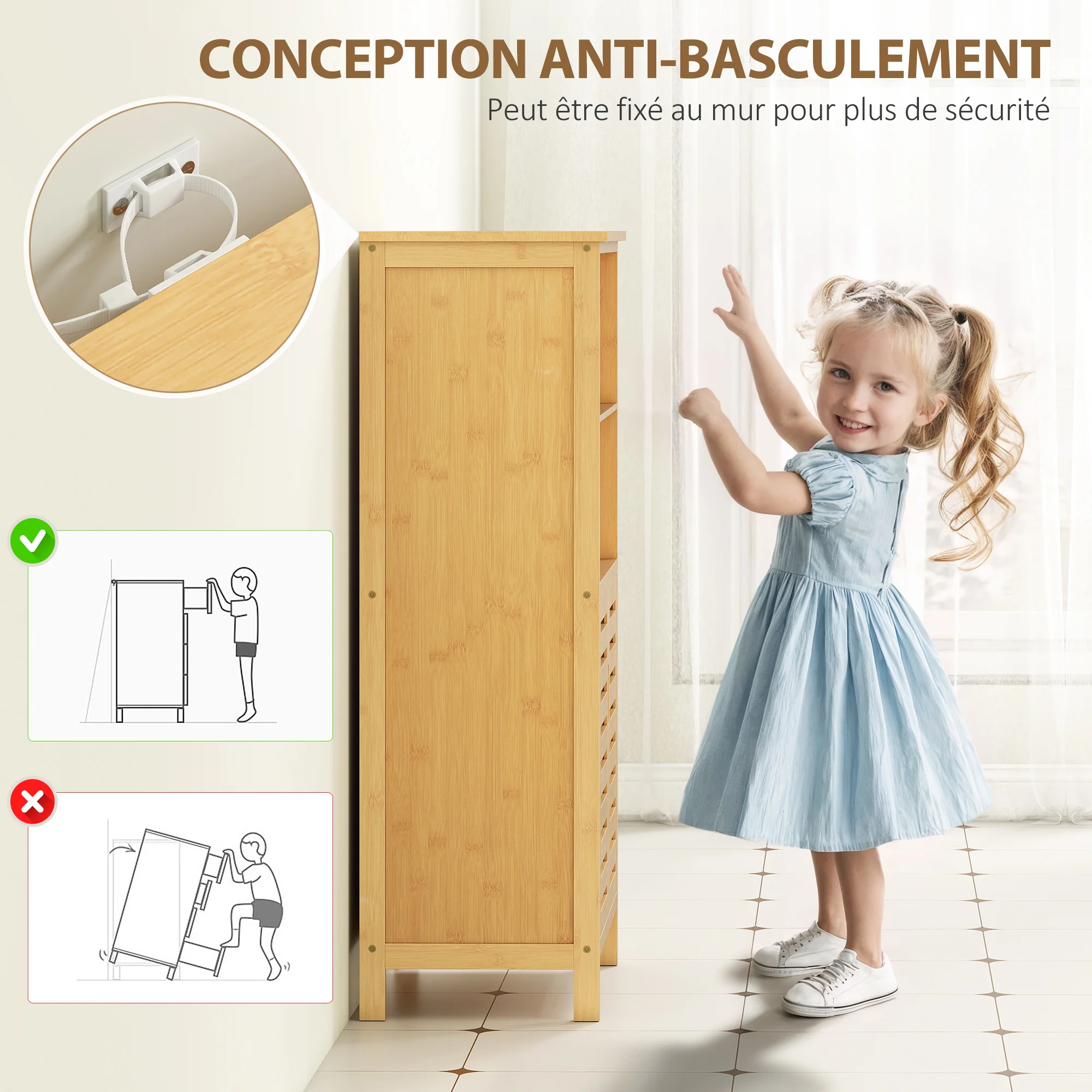 Meuble de salle de bain placard de rangement meuble de rangement sur peids en bambou avec 2 portes et 2 compartiments - 50 x 29 x 92 cm - Image 8