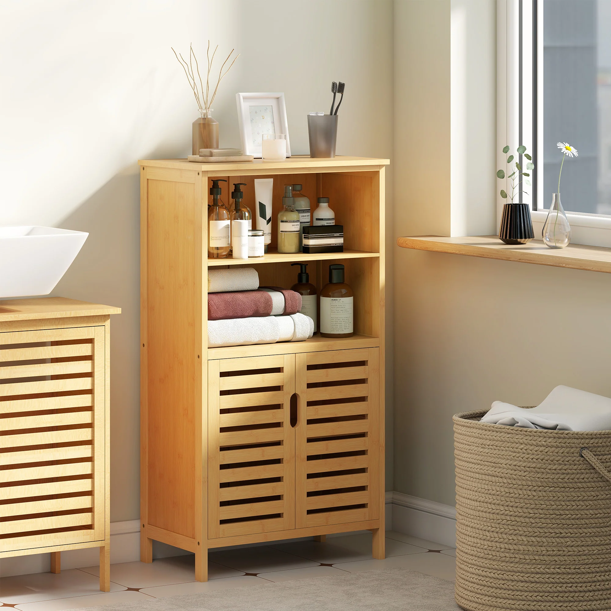 Meuble de salle de bain placard de rangement meuble de rangement sur peids en bambou avec 2 portes et 2 compartiments - 50 x 29 x 92 cm - Image 9