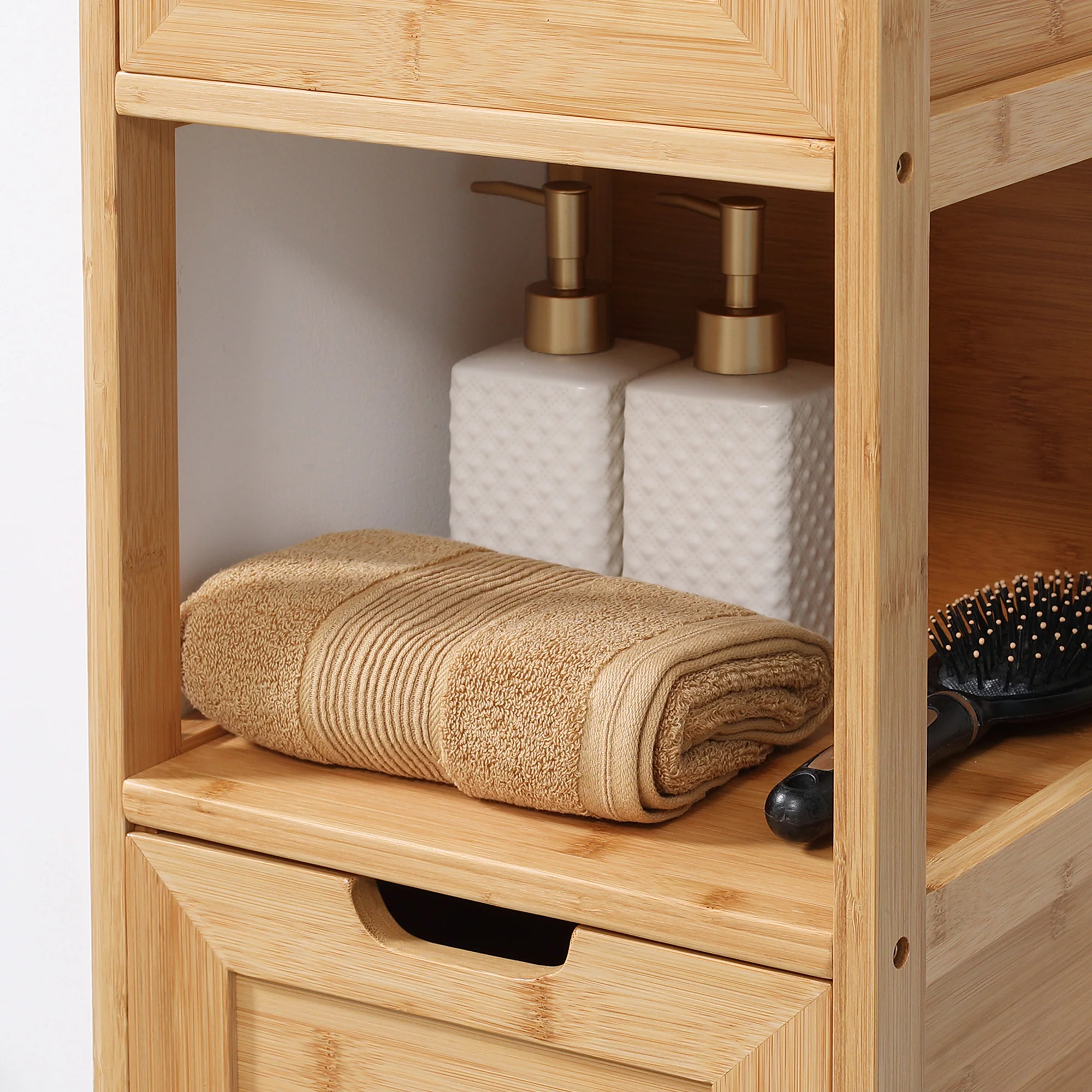 Meuble de salle de bain sur pied meuble de rangement armoire sur pieds en bambou 2 tiroirs amovibles et 1 étagère - design naturel - 30 x 30 x 90 cm naturel - Image 10