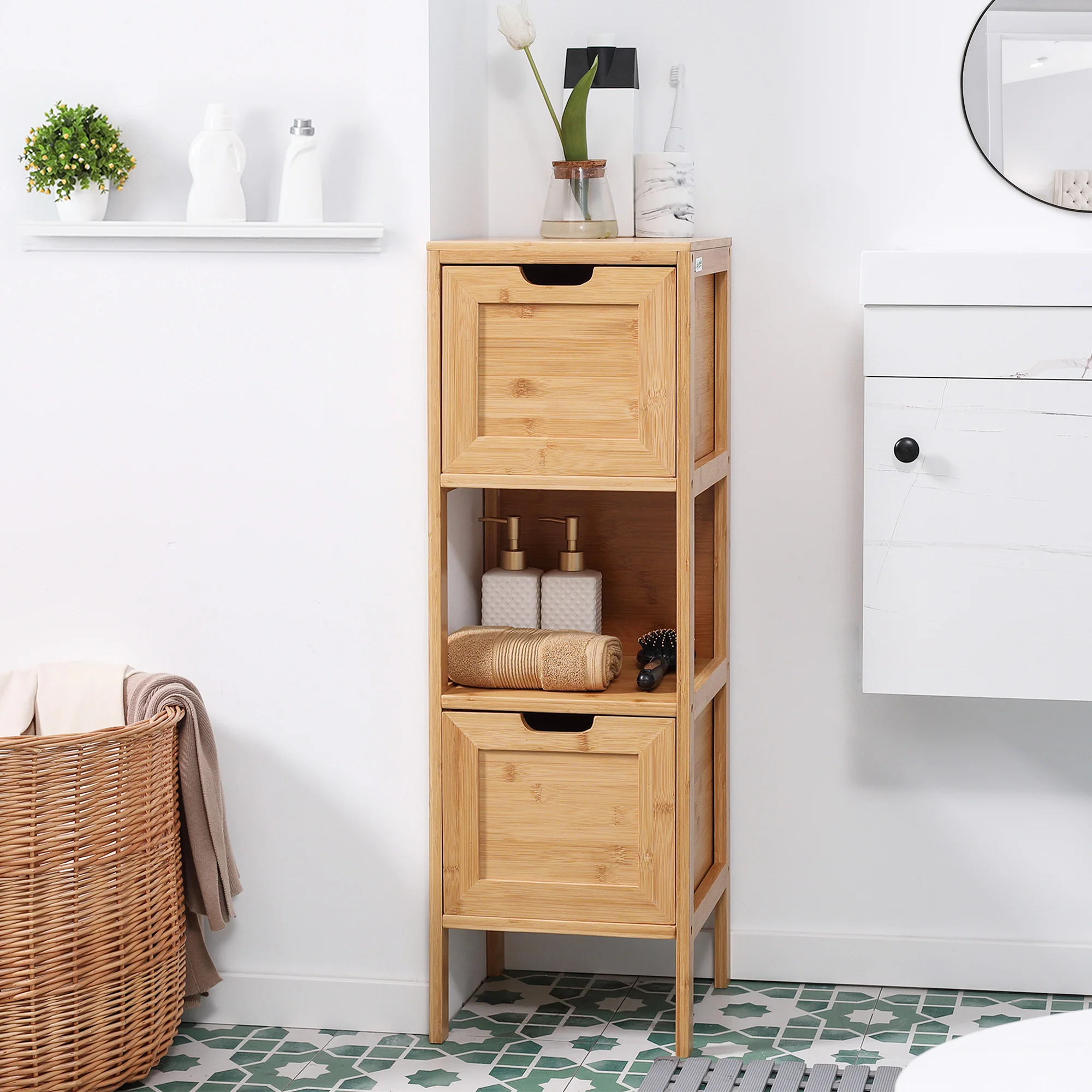 Meuble de salle de bain sur pied meuble de rangement armoire sur pieds en bambou 2 tiroirs amovibles et 1 étagère - design naturel - 30 x 30 x 90 cm naturel - Image 3