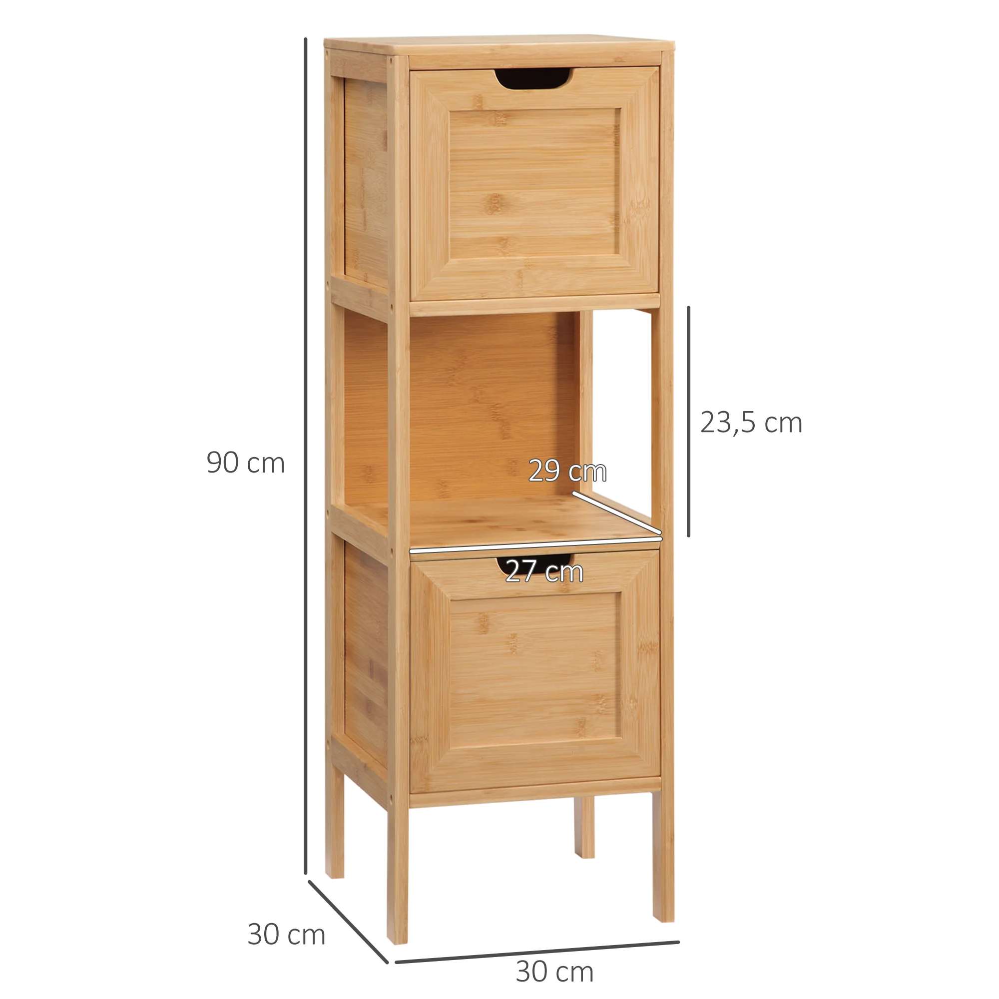 Meuble de salle de bain sur pied meuble de rangement armoire sur pieds en bambou 2 tiroirs amovibles et 1 étagère - design naturel - 30 x 30 x 90 cm naturel - Image 4