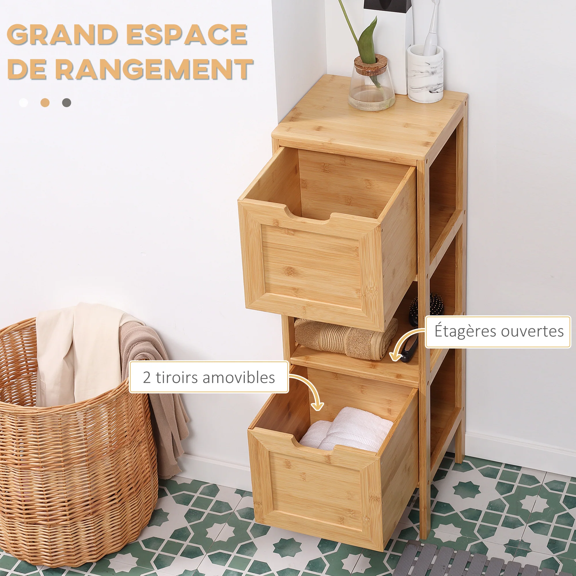 Meuble de salle de bain sur pied meuble de rangement armoire sur pieds en bambou 2 tiroirs amovibles et 1 étagère - design naturel - 30 x 30 x 90 cm naturel - Image 5