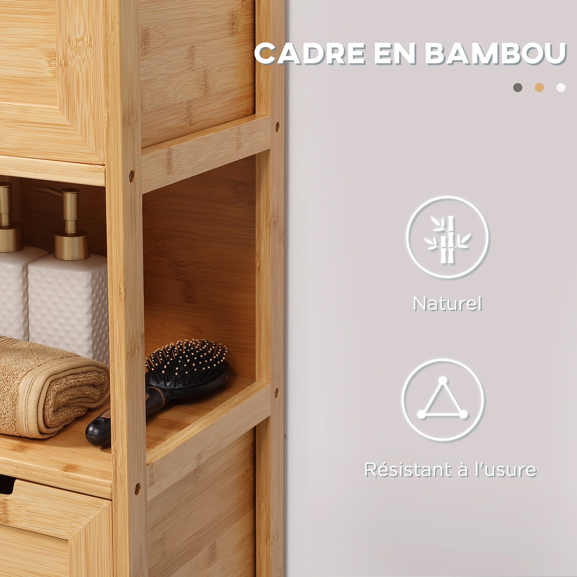 Meuble de salle de bain sur pied meuble de rangement armoire sur pieds en bambou 2 tiroirs amovibles et 1 étagère - design naturel - 30 x 30 x 90 cm naturel - Image 6