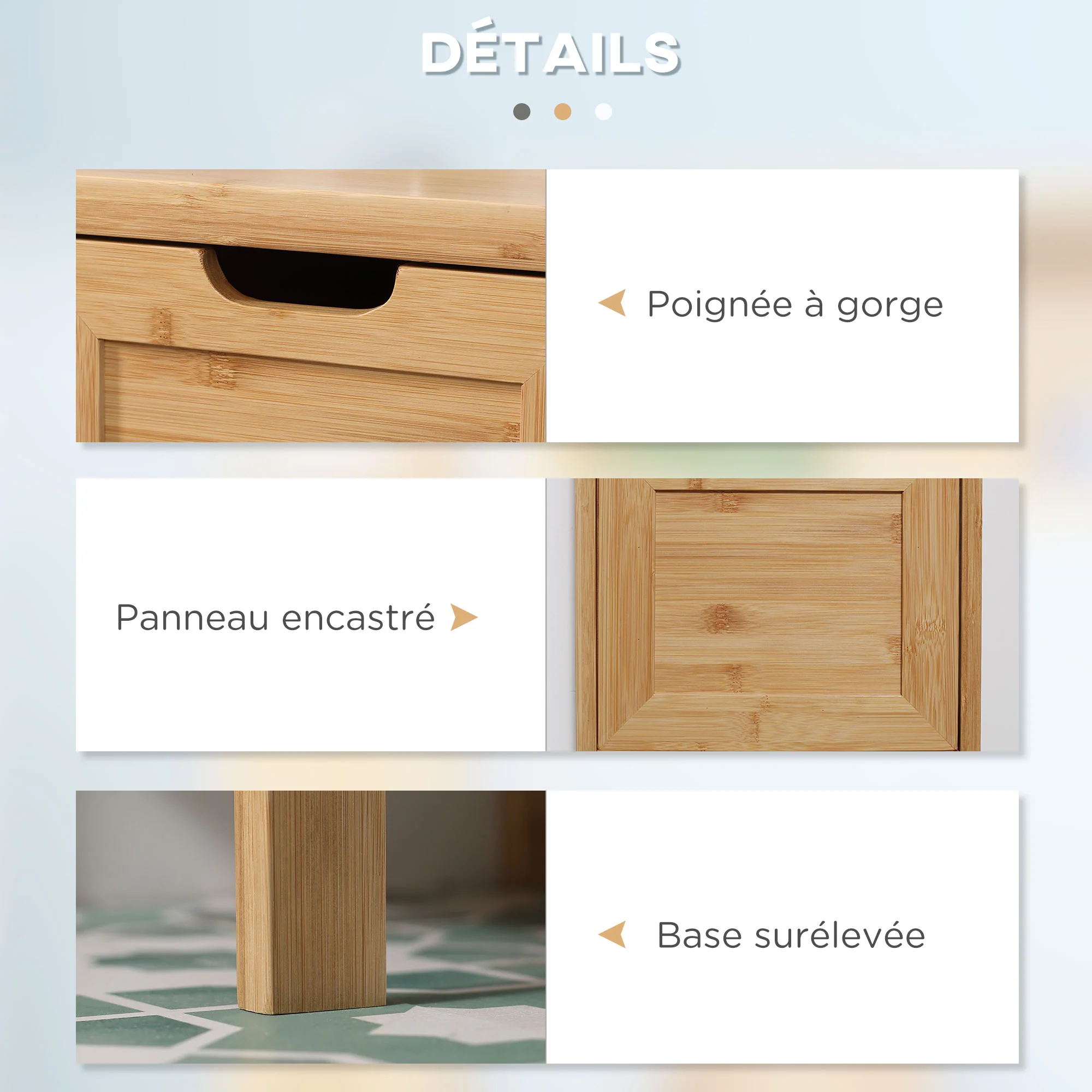 Meuble de salle de bain sur pied meuble de rangement armoire sur pieds en bambou 2 tiroirs amovibles et 1 étagère - design naturel - 30 x 30 x 90 cm naturel - Image 7