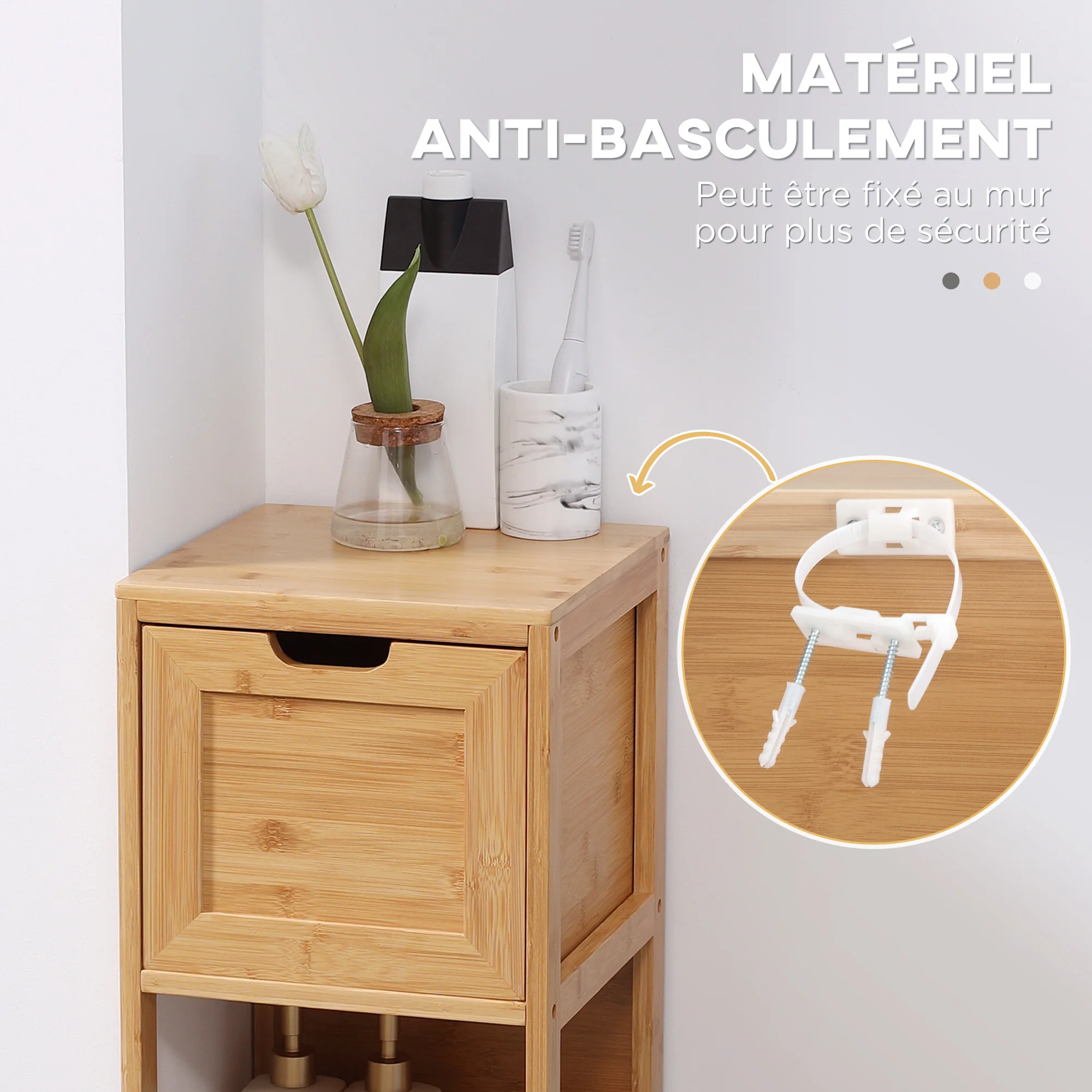 Meuble de salle de bain sur pied meuble de rangement armoire sur pieds en bambou 2 tiroirs amovibles et 1 étagère - design naturel - 30 x 30 x 90 cm naturel - Image 8