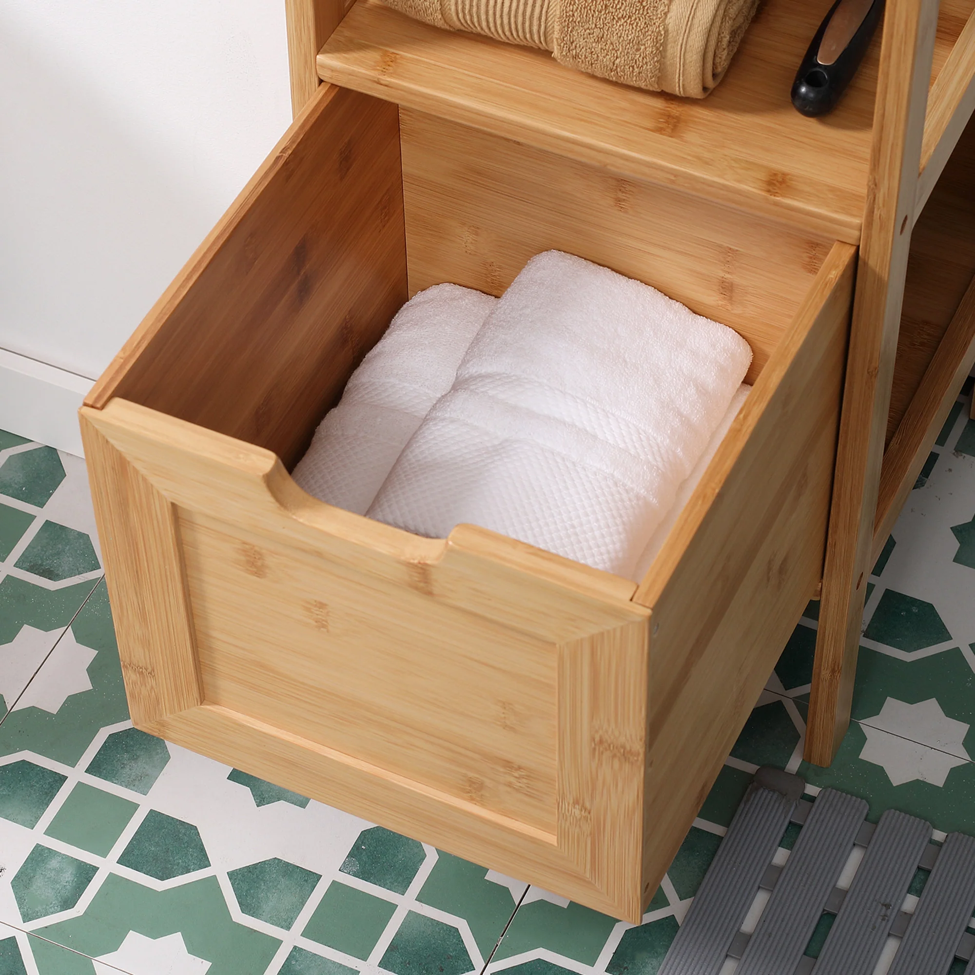 Meuble de salle de bain sur pied meuble de rangement armoire sur pieds en bambou 2 tiroirs amovibles et 1 étagère - design naturel - 30 x 30 x 90 cm naturel - Image 9