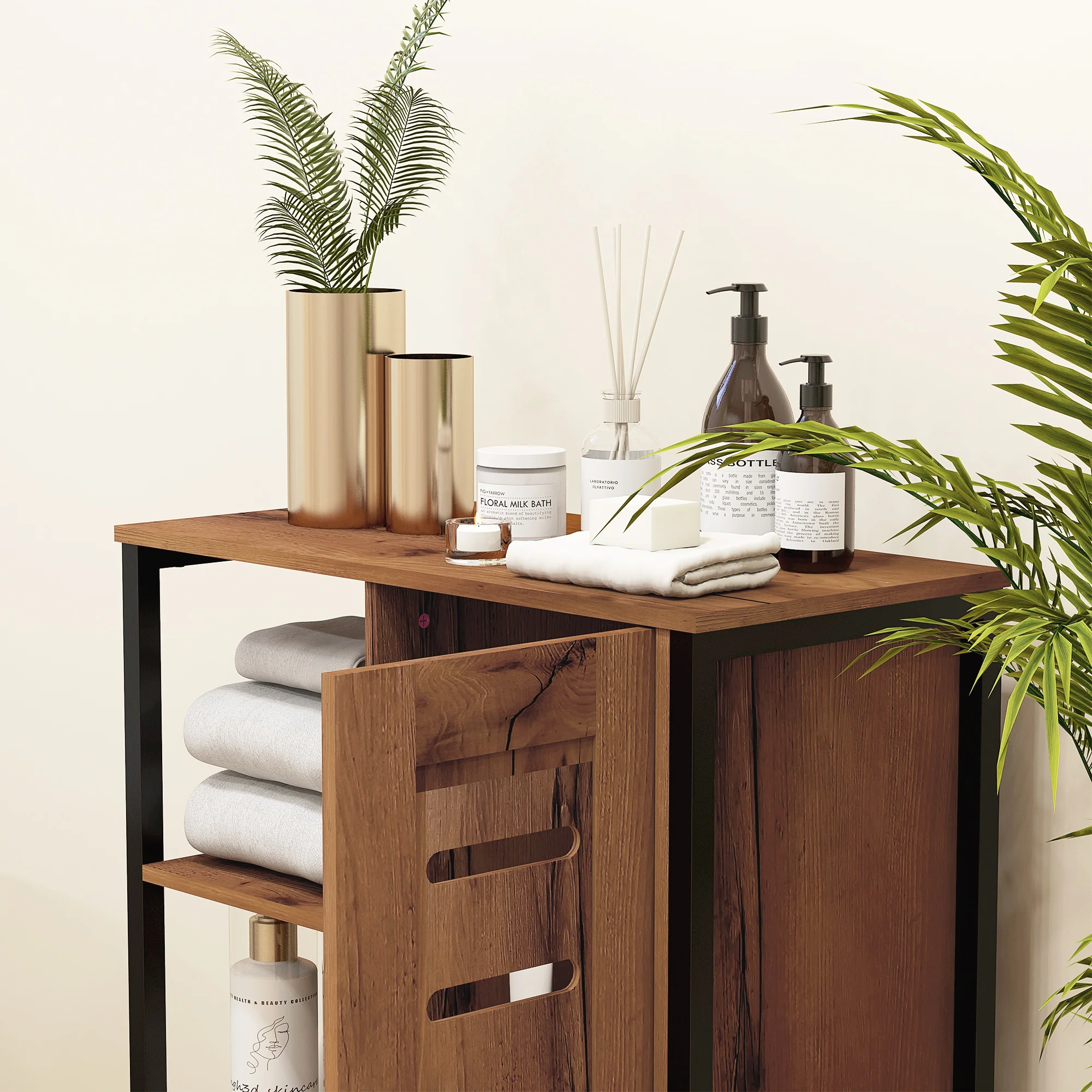 Meuble de salle de bain sur pied, meuble de rangement, design industriel, structure en acier, 3 étagères ouvertes, placard à 2 niveaux, porte à lamelles, 60 x 30 x 85 cm, marron rustique - Image 10