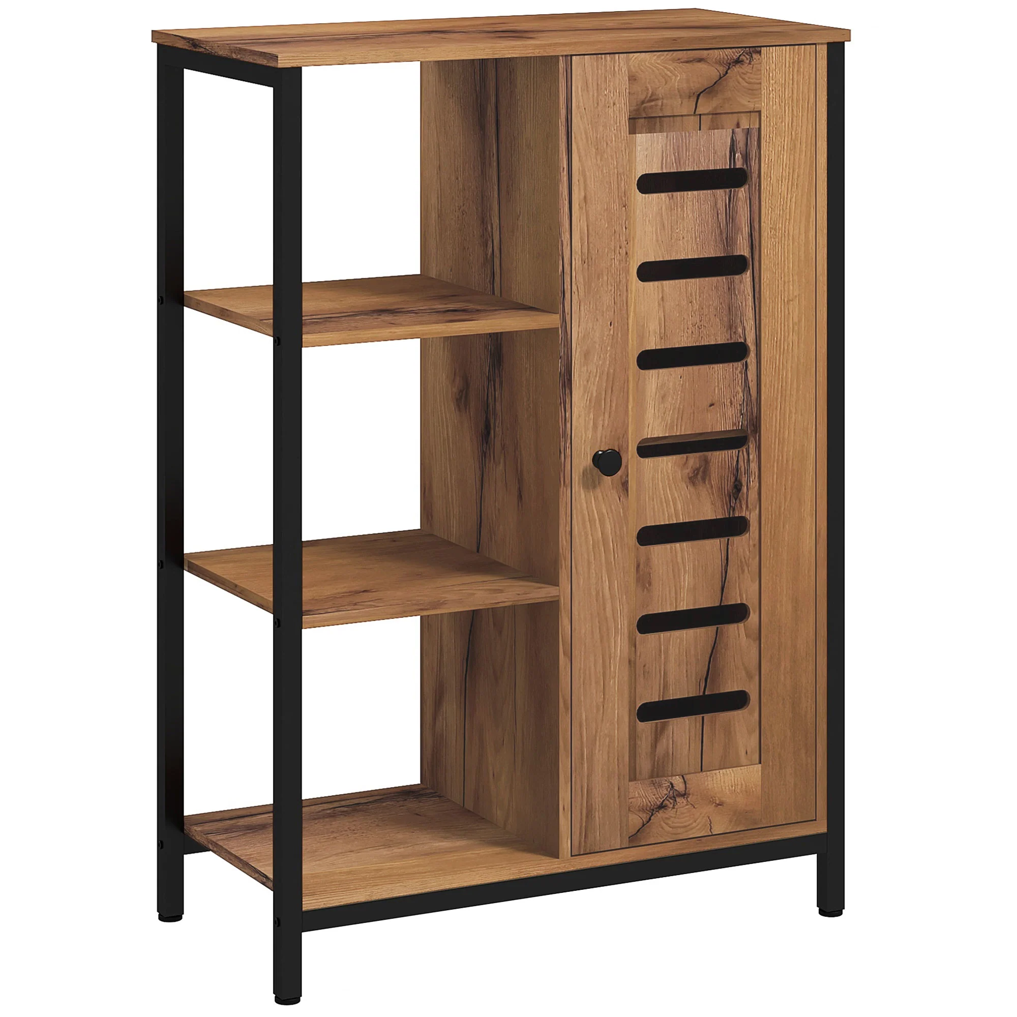 Meuble de salle de bain sur pied, meuble de rangement, design industriel, structure en acier, 3 étagères ouvertes, placard à 2 niveaux, porte à lamelles, 60 x 30 x 85 cm, marron rustique - Image 11