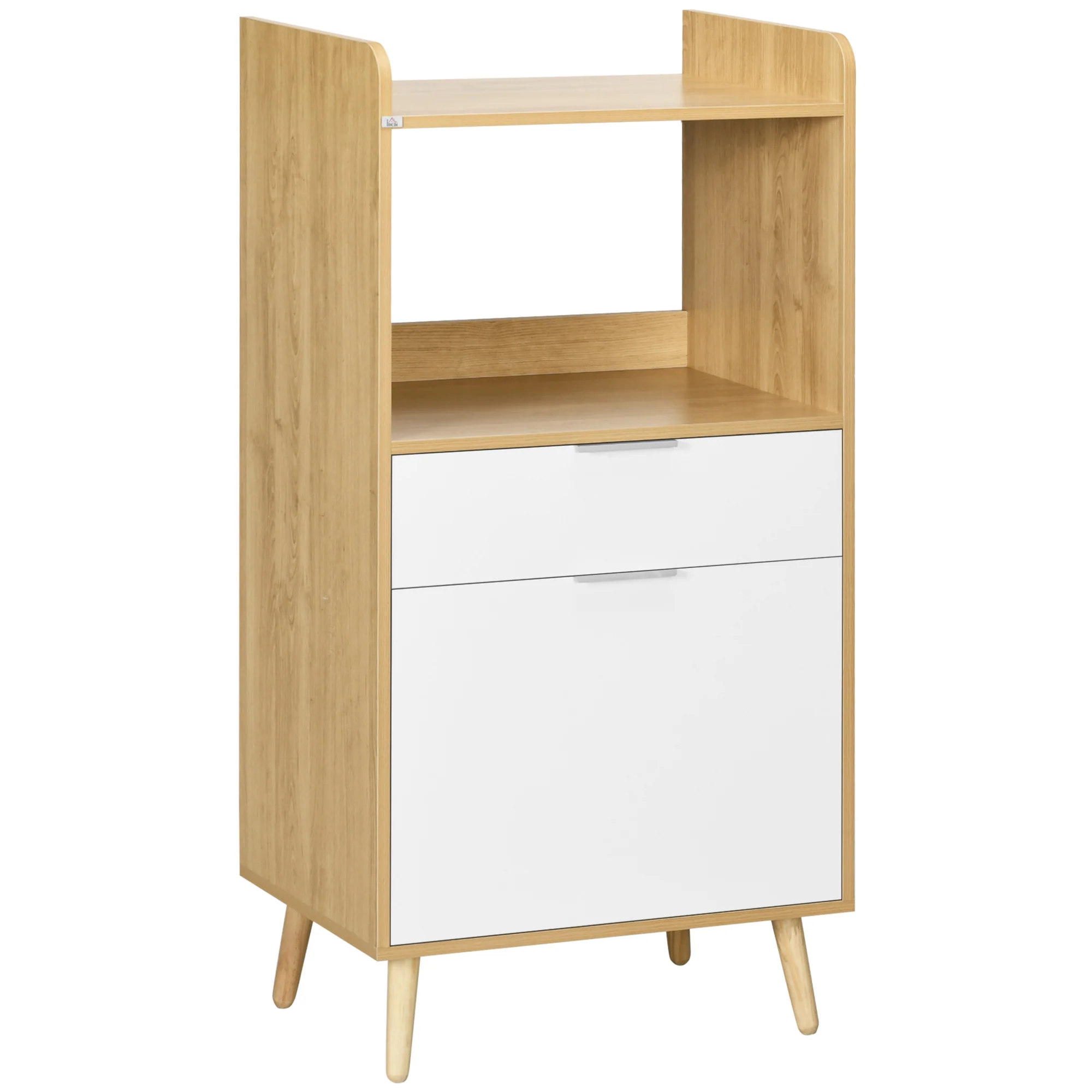 Meuble desserte de cuisine pour micro-ondes style scandinave avec placard, tiroir, étagère réglable - 58 x 40 x 118 cm - naturel et blanc - Image 2