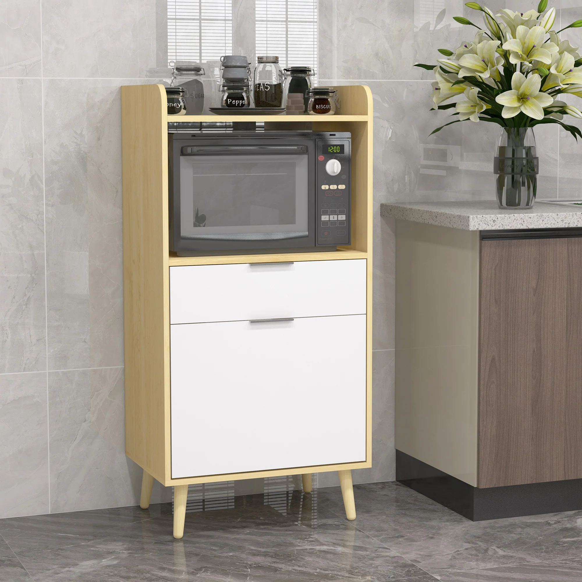 Meuble desserte de cuisine pour micro-ondes style scandinave avec placard, tiroir, étagère réglable - 58 x 40 x 118 cm - naturel et blanc - Image 3