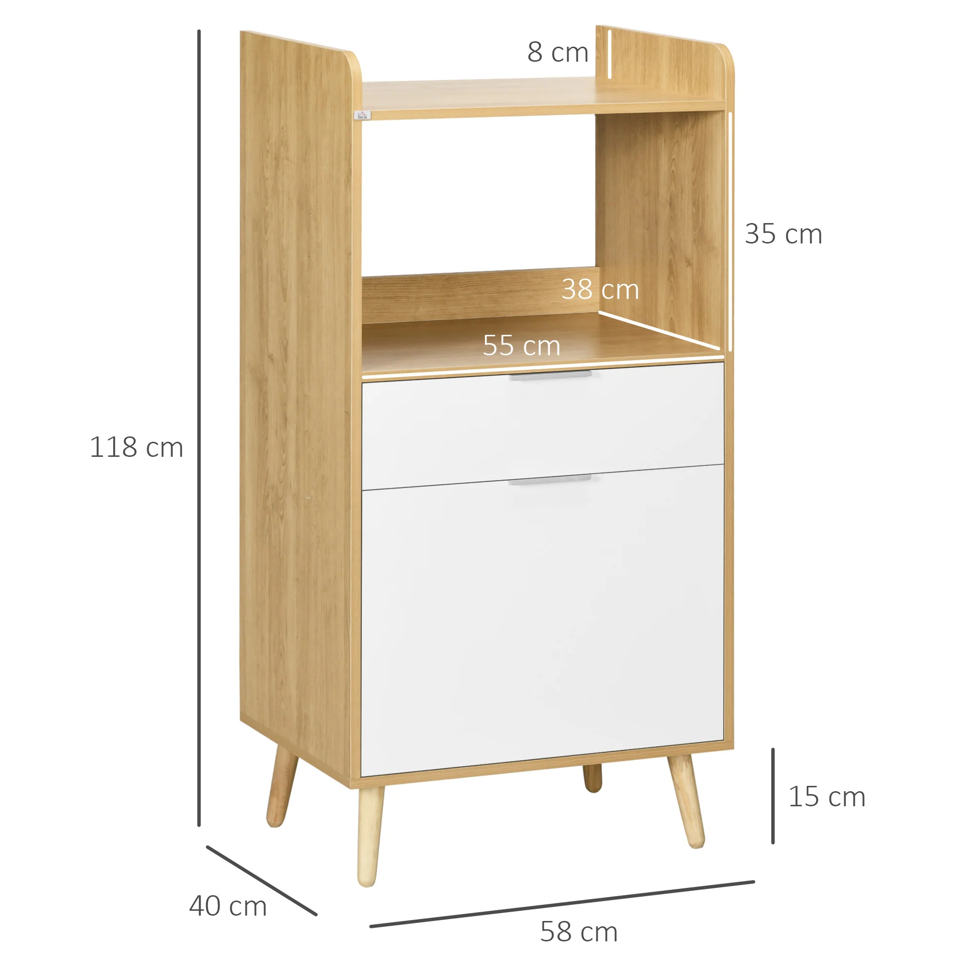 Meuble desserte de cuisine pour micro-ondes style scandinave avec placard, tiroir, étagère réglable - 58 x 40 x 118 cm - naturel et blanc - Image 4