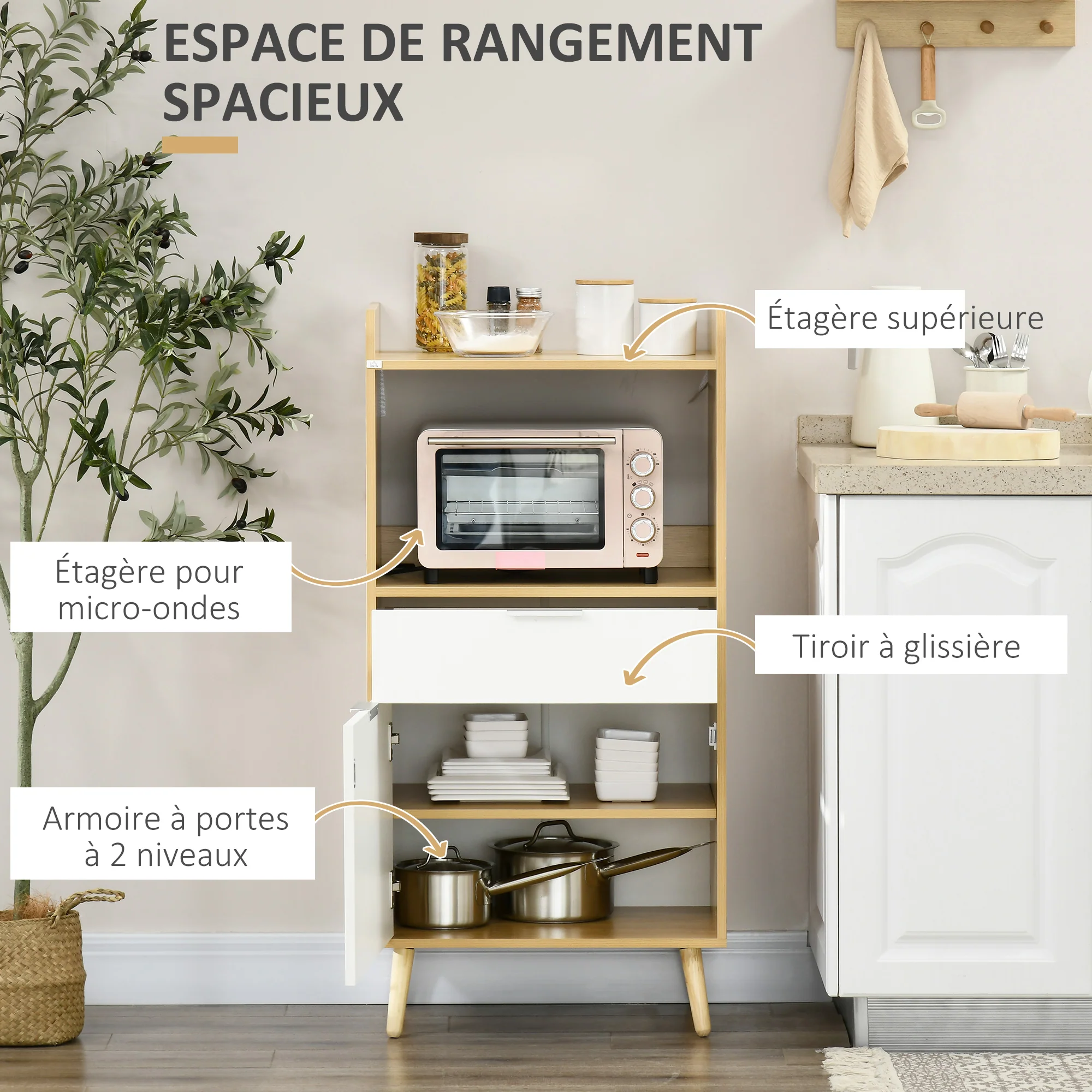 Meuble desserte de cuisine pour micro-ondes style scandinave avec placard, tiroir, étagère réglable - 58 x 40 x 118 cm - naturel et blanc - Image 5