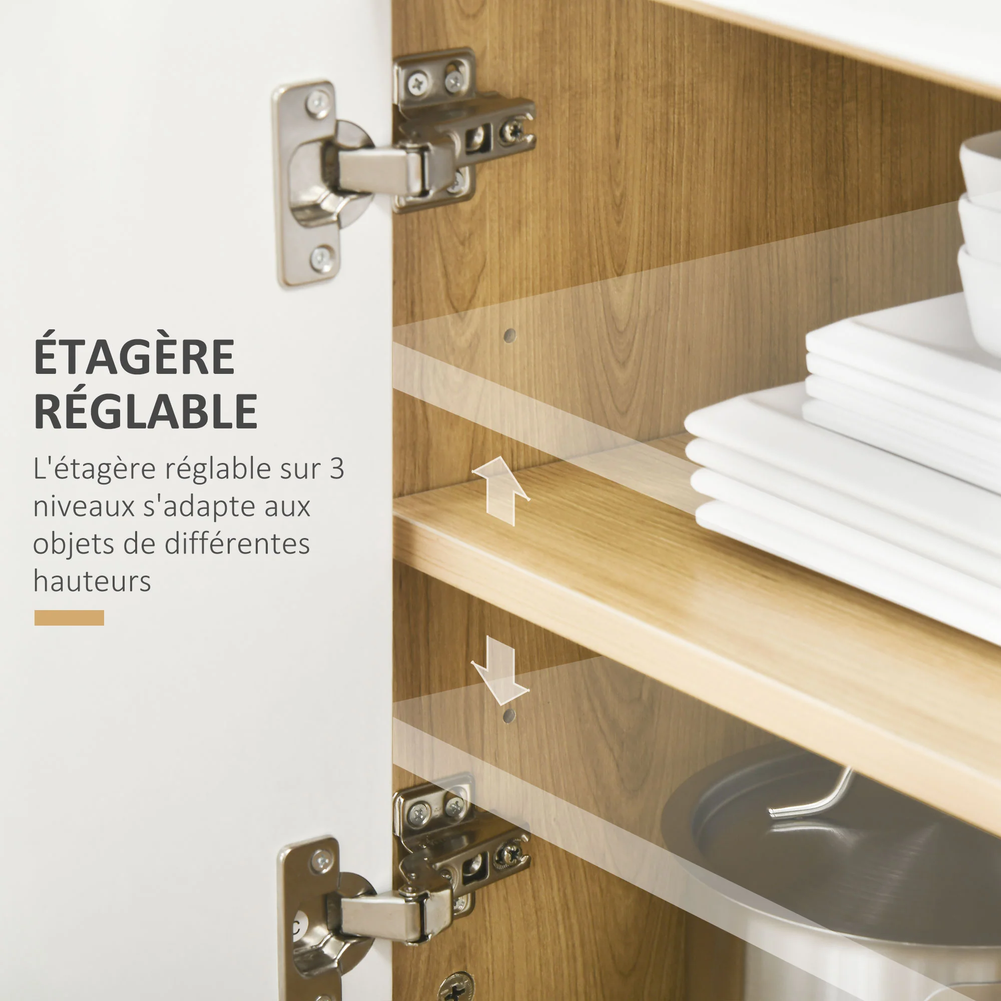 Meuble desserte de cuisine pour micro-ondes style scandinave avec placard, tiroir, étagère réglable - 58 x 40 x 118 cm - naturel et blanc - Image 6