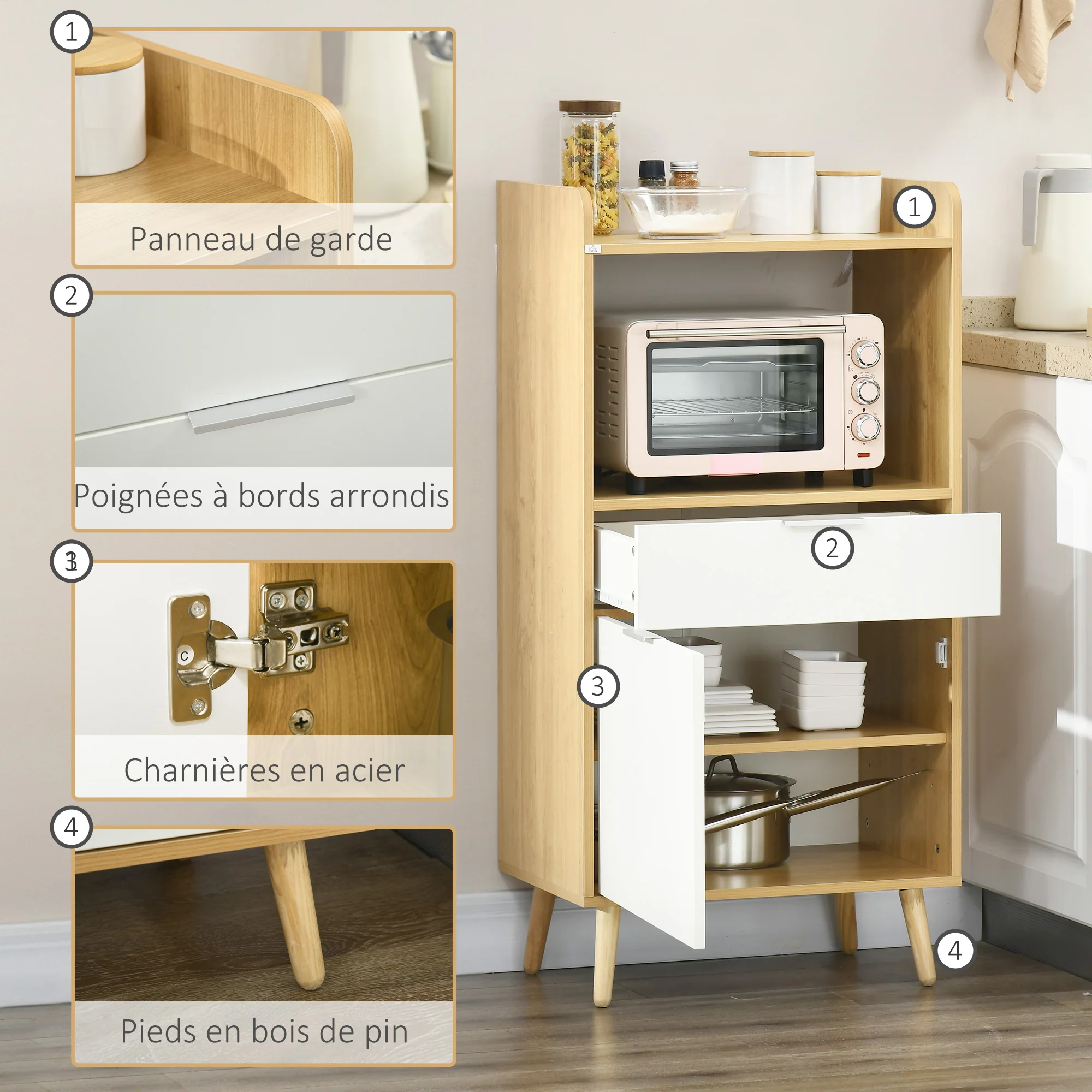 Meuble desserte de cuisine pour micro-ondes style scandinave avec placard, tiroir, étagère réglable - 58 x 40 x 118 cm - naturel et blanc - Image 7