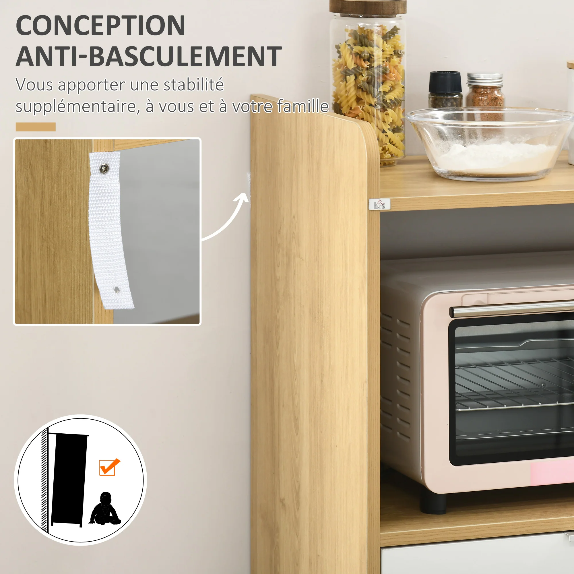Meuble desserte de cuisine pour micro-ondes style scandinave avec placard, tiroir, étagère réglable - 58 x 40 x 118 cm - naturel et blanc - Image 8