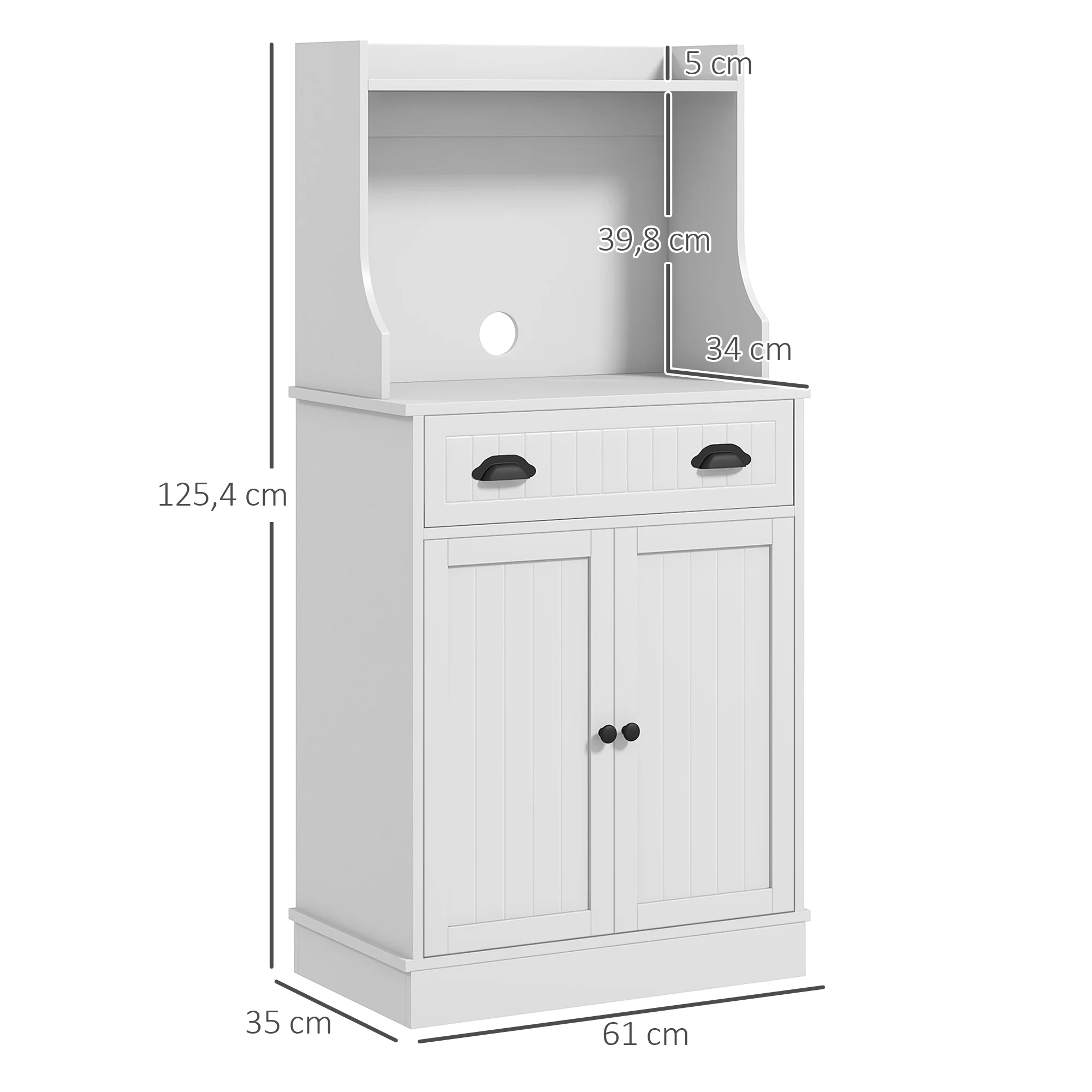 Meuble micro-ondes, armoire cuisine, étagère réglable sur 3 niveaux, avec espace ouvert, 1 tiroir et placard 2 portes, meuble de cuisine, design moderne, 61 x 35 x 125,4 cm, blanc - Image 4