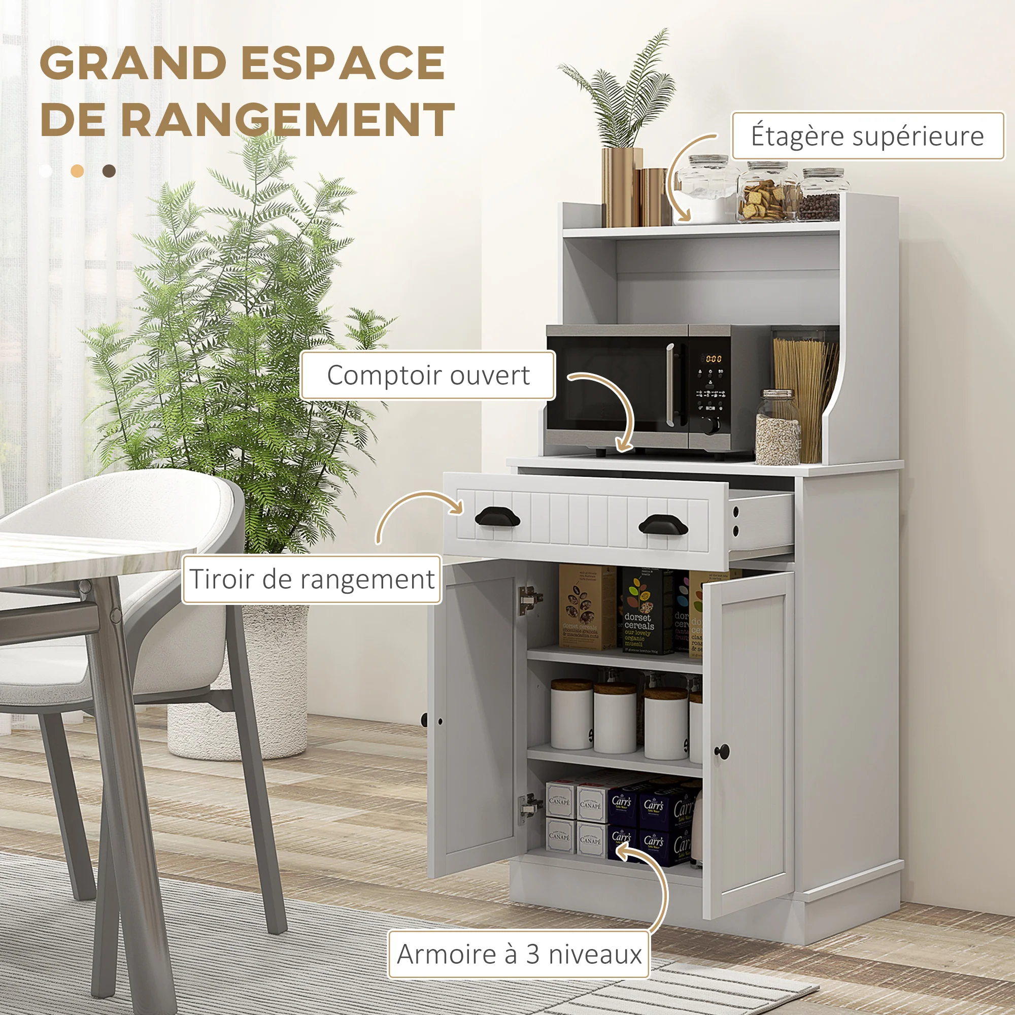 Meuble micro-ondes, armoire cuisine, étagère réglable sur 3 niveaux, avec espace ouvert, 1 tiroir et placard 2 portes, meuble de cuisine, design moderne, 61 x 35 x 125,4 cm, blanc - Image 5