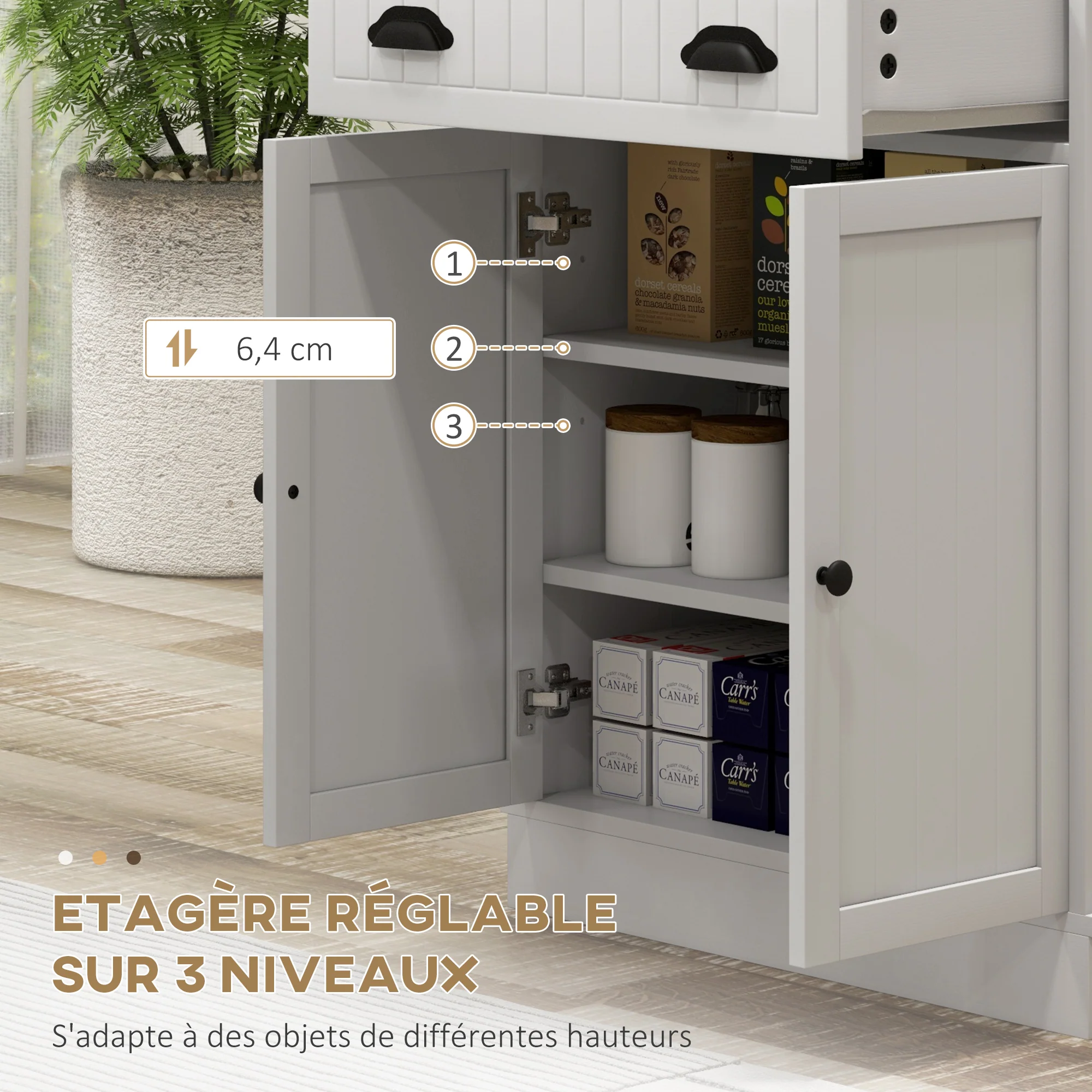 Meuble micro-ondes, armoire cuisine, étagère réglable sur 3 niveaux, avec espace ouvert, 1 tiroir et placard 2 portes, meuble de cuisine, design moderne, 61 x 35 x 125,4 cm, blanc - Image 6