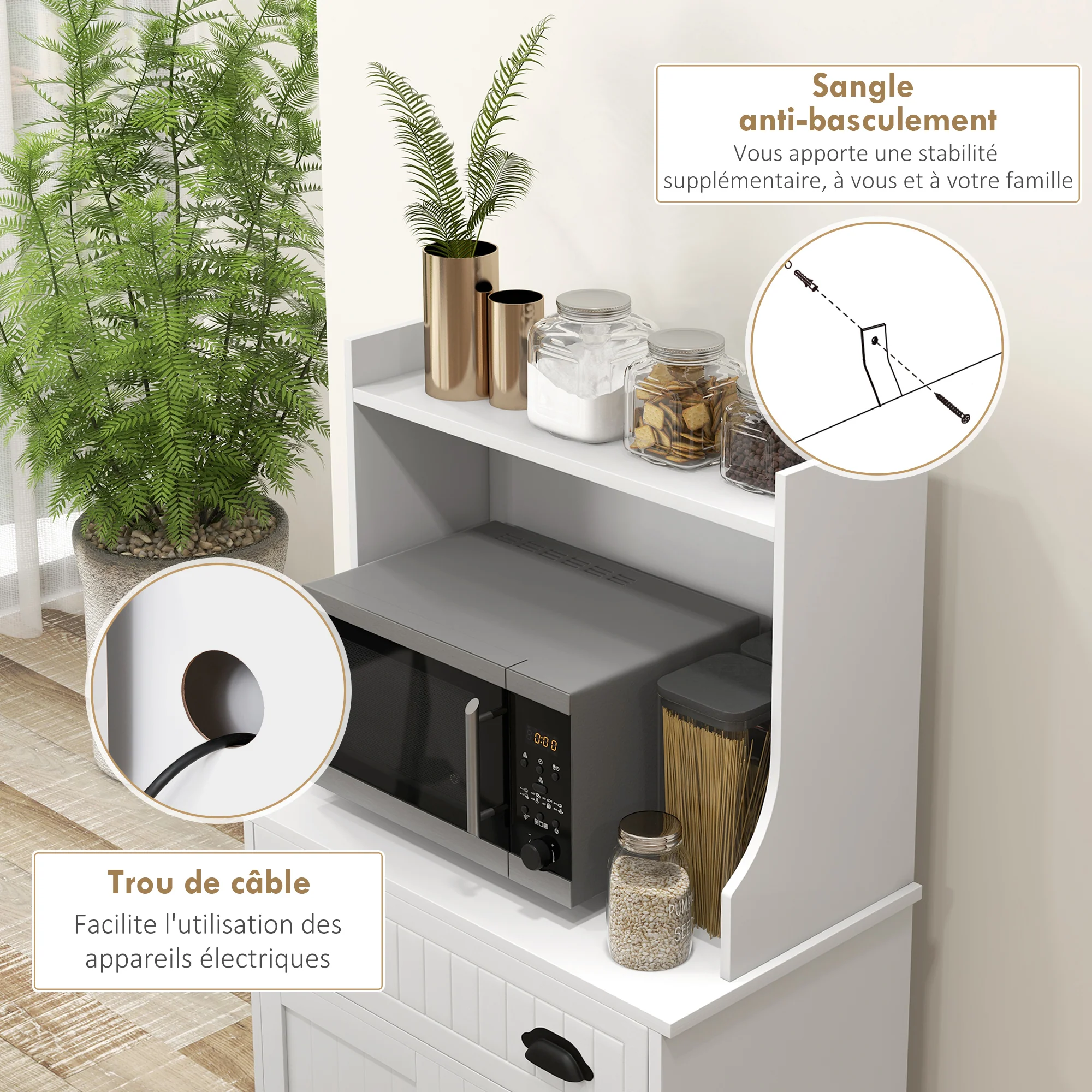 Meuble micro-ondes, armoire cuisine, étagère réglable sur 3 niveaux, avec espace ouvert, 1 tiroir et placard 2 portes, meuble de cuisine, design moderne, 61 x 35 x 125,4 cm, blanc - Image 7