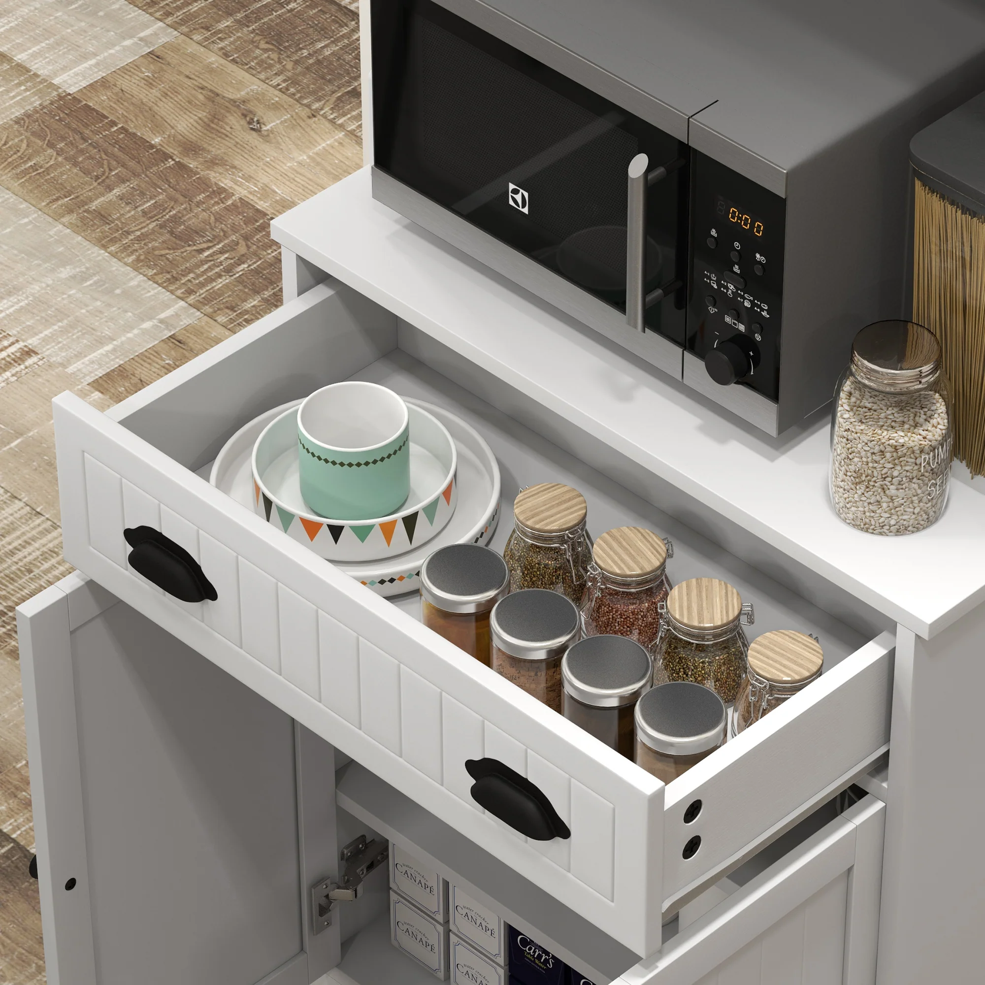 Meuble micro-ondes, armoire cuisine, étagère réglable sur 3 niveaux, avec espace ouvert, 1 tiroir et placard 2 portes, meuble de cuisine, design moderne, 61 x 35 x 125,4 cm, blanc - Image 8