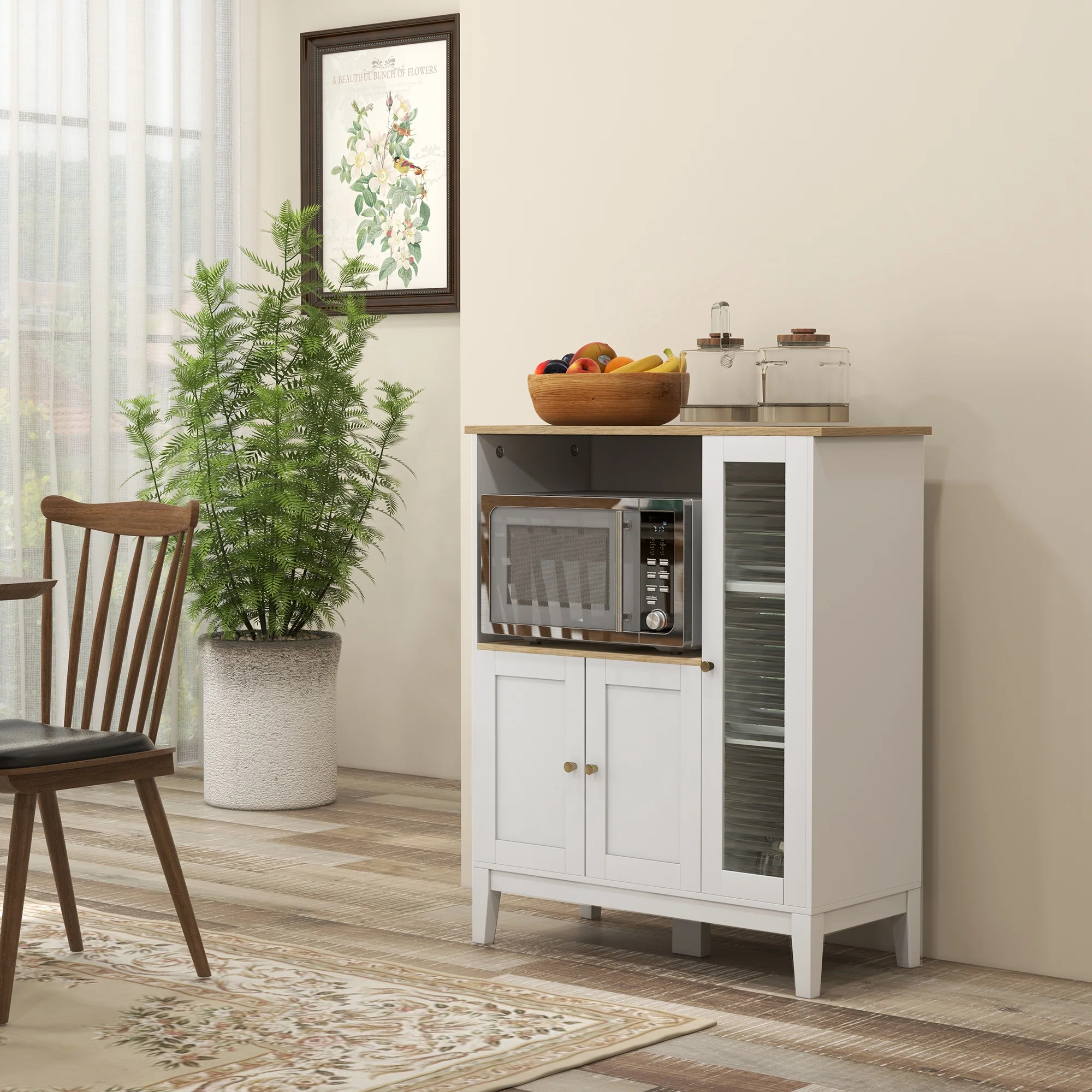 Meuble micro-ondes, armoire de cuisine, buffet, avec 1 niche 3 portes, passe-cables, pour cuisine, salle à manger, salon, 80 x 35 x 97 cm, verre trempé, blanc et aspect bois - Image 3