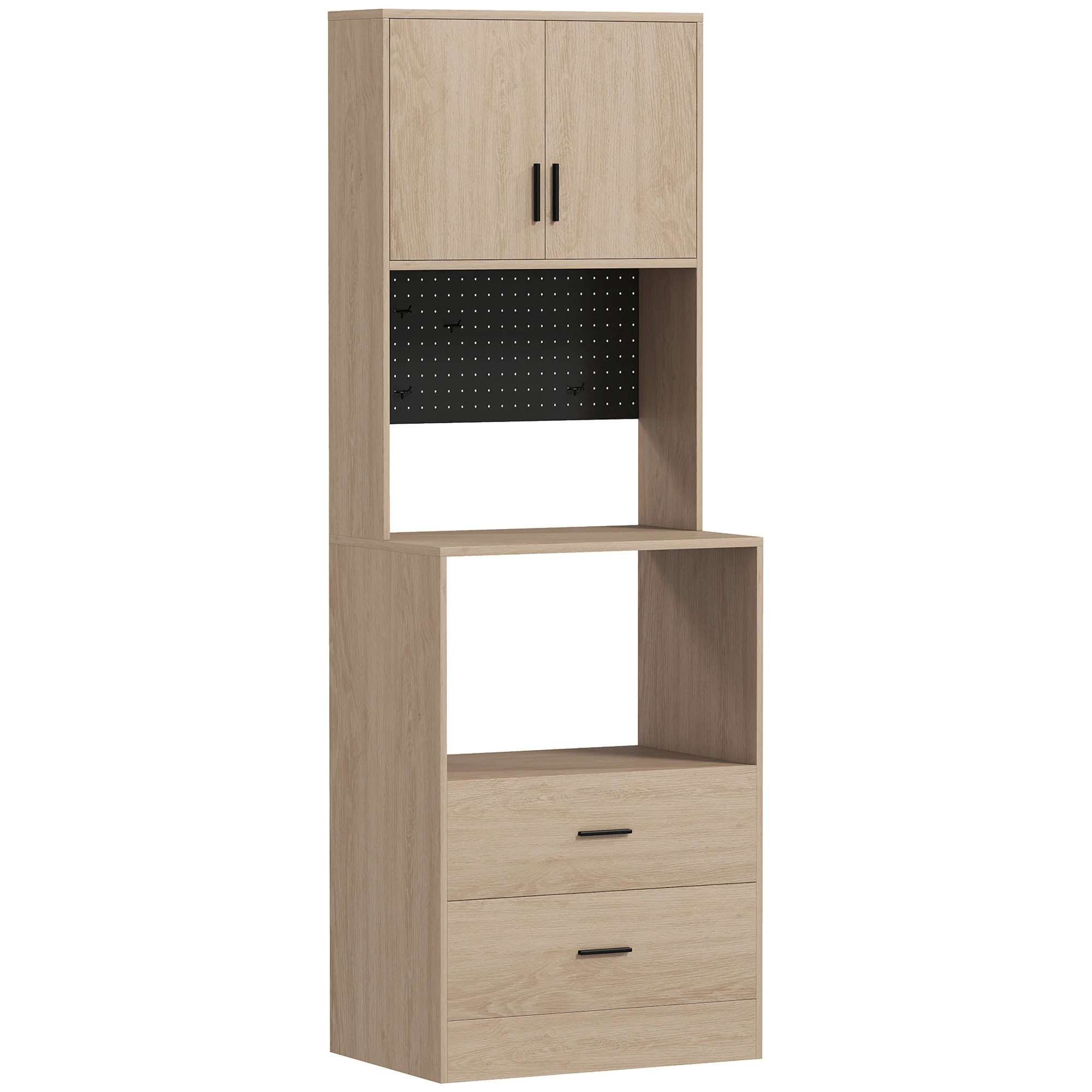 Meuble micro-ondes, buffet, armoire de cuisine, 2 tiroirs, 2 portes, plan de travail, étagère réglable, panneau perforé, 4 crochets, meuble de rangement pour salle à manger, salon, bois naturel - Image 2