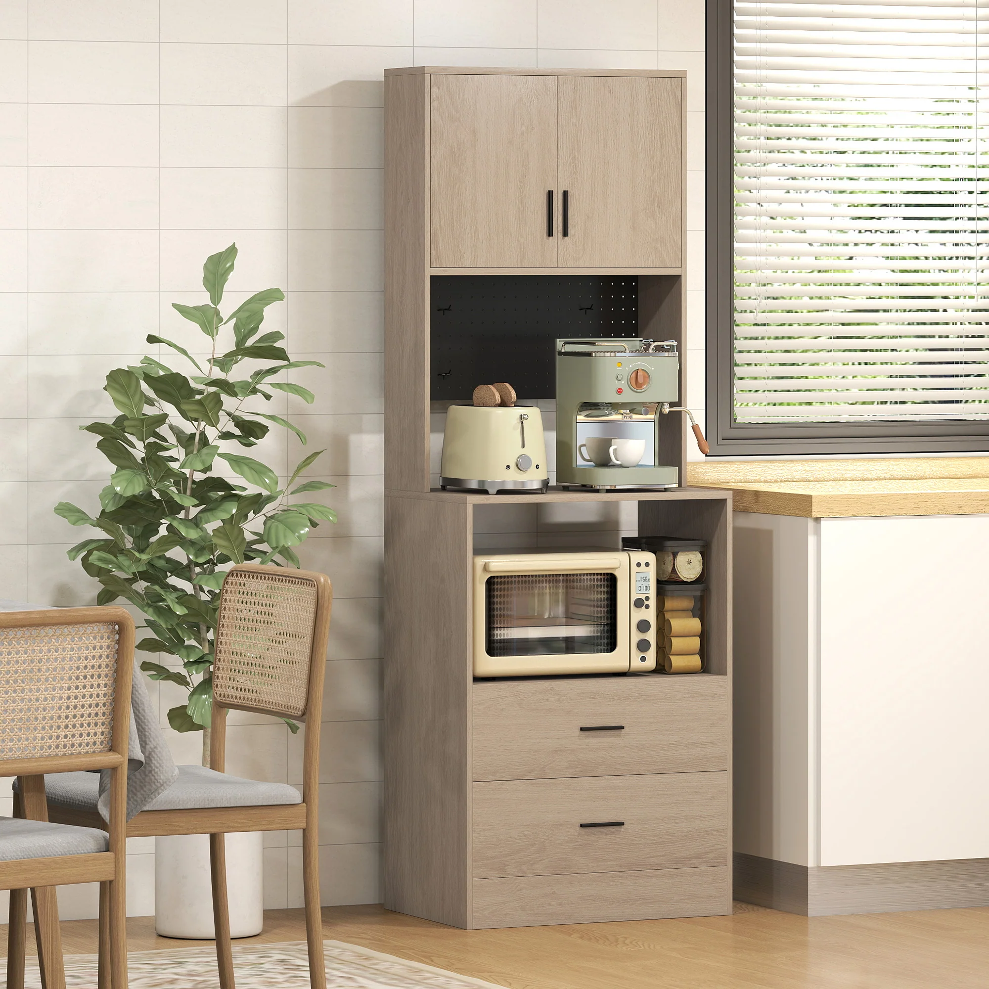 Meuble micro-ondes, buffet, armoire de cuisine, 2 tiroirs, 2 portes, plan de travail, étagère réglable, panneau perforé, 4 crochets, meuble de rangement pour salle à manger, salon, bois naturel - Image 3