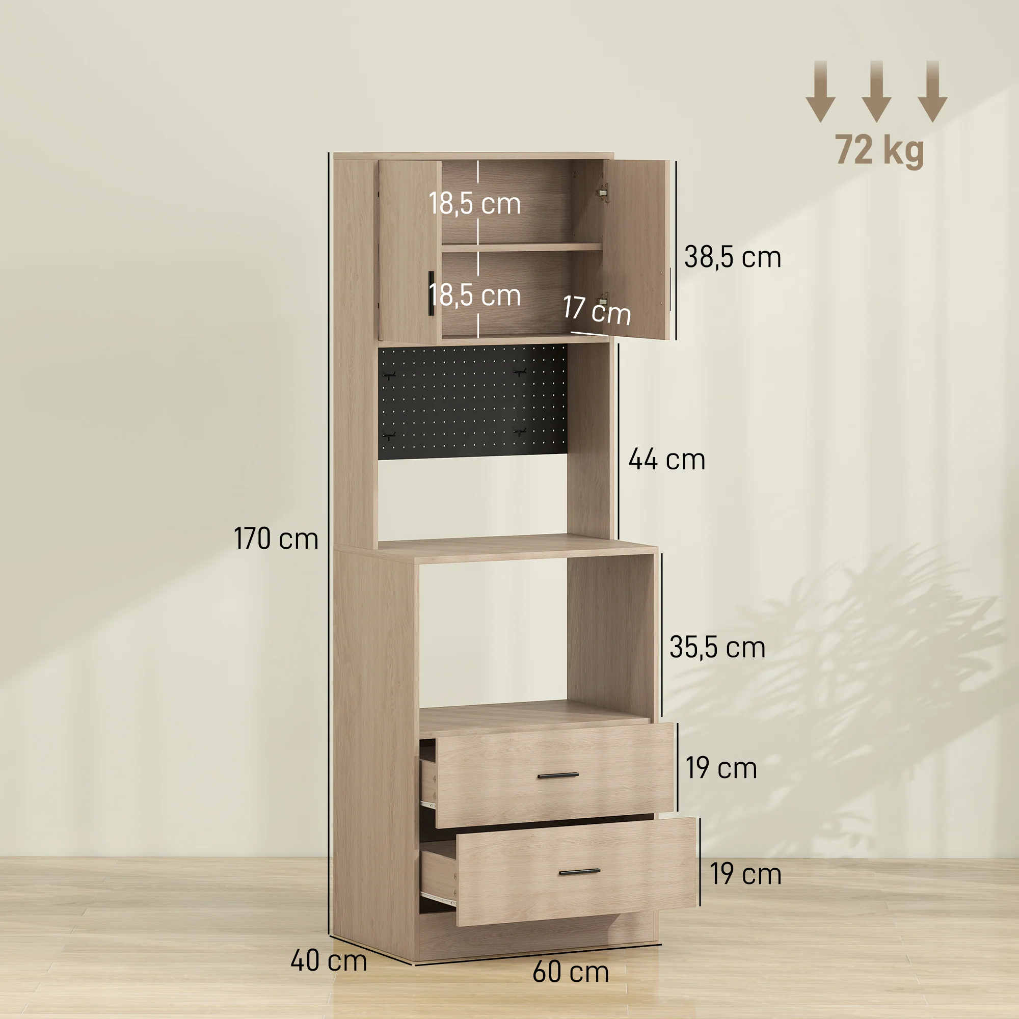 Meuble micro-ondes, buffet, armoire de cuisine, 2 tiroirs, 2 portes, plan de travail, étagère réglable, panneau perforé, 4 crochets, meuble de rangement pour salle à manger, salon, bois naturel - Image 4