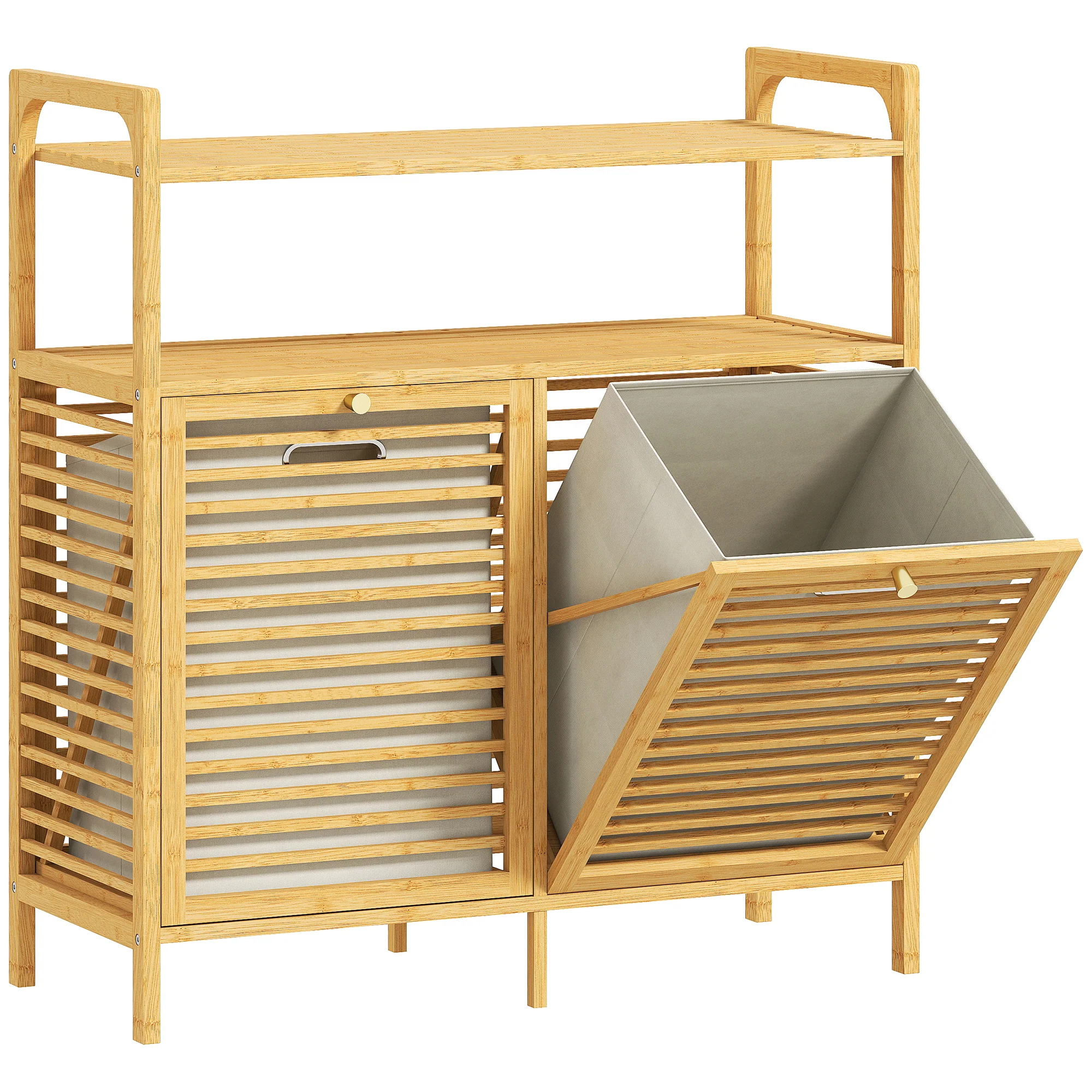 Meuble salle de bain avec panier à linge, armoire salle de bain en bambou avec 2 paniers en tissu amovibles et 2 étagères, corbeille à linge, pour toilette, buanderie, 82x33x88cm, bois naturel - Image 2