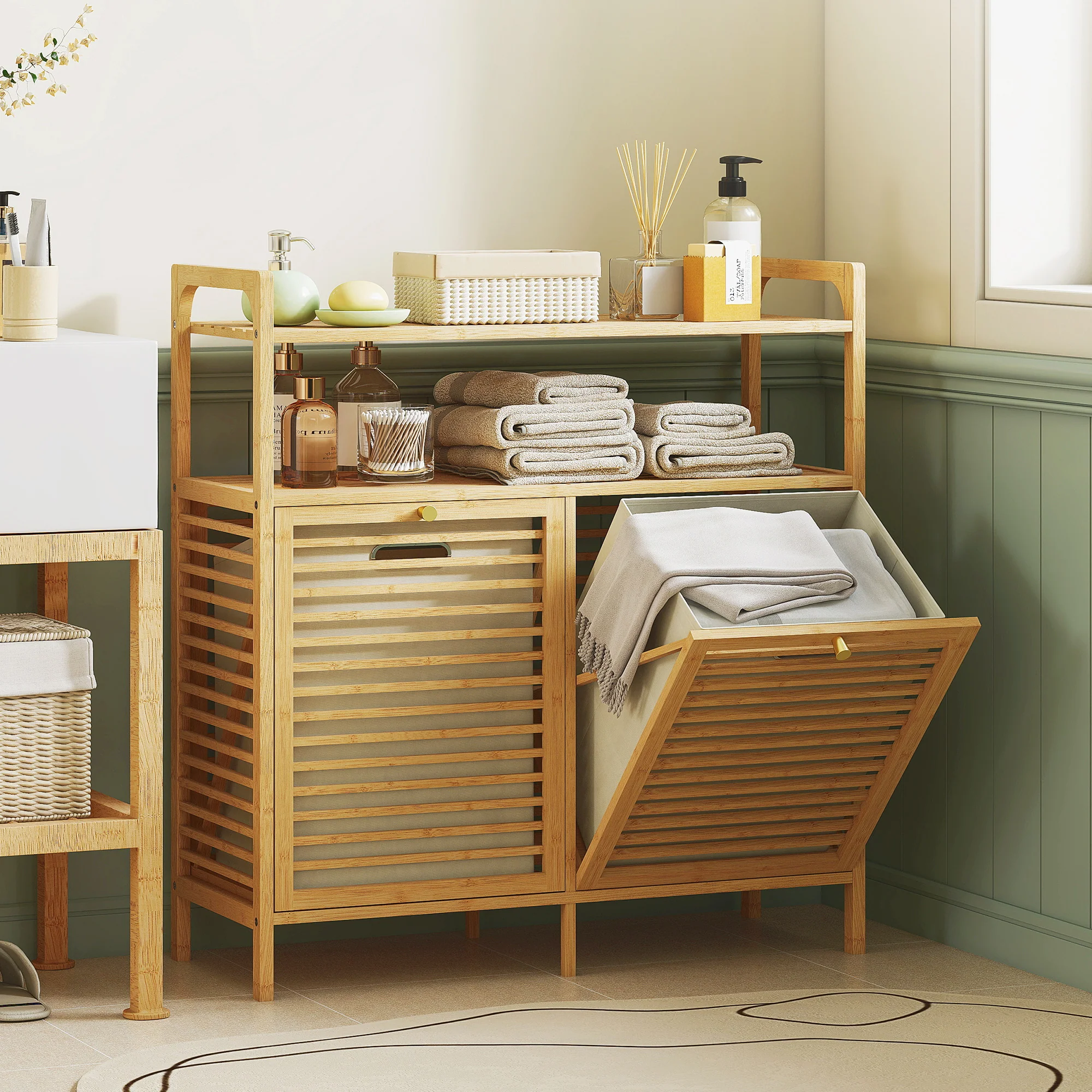 Meuble salle de bain avec panier à linge, armoire salle de bain en bambou avec 2 paniers en tissu amovibles et 2 étagères, corbeille à linge, pour toilette, buanderie, 82x33x88cm, bois naturel - Image 3