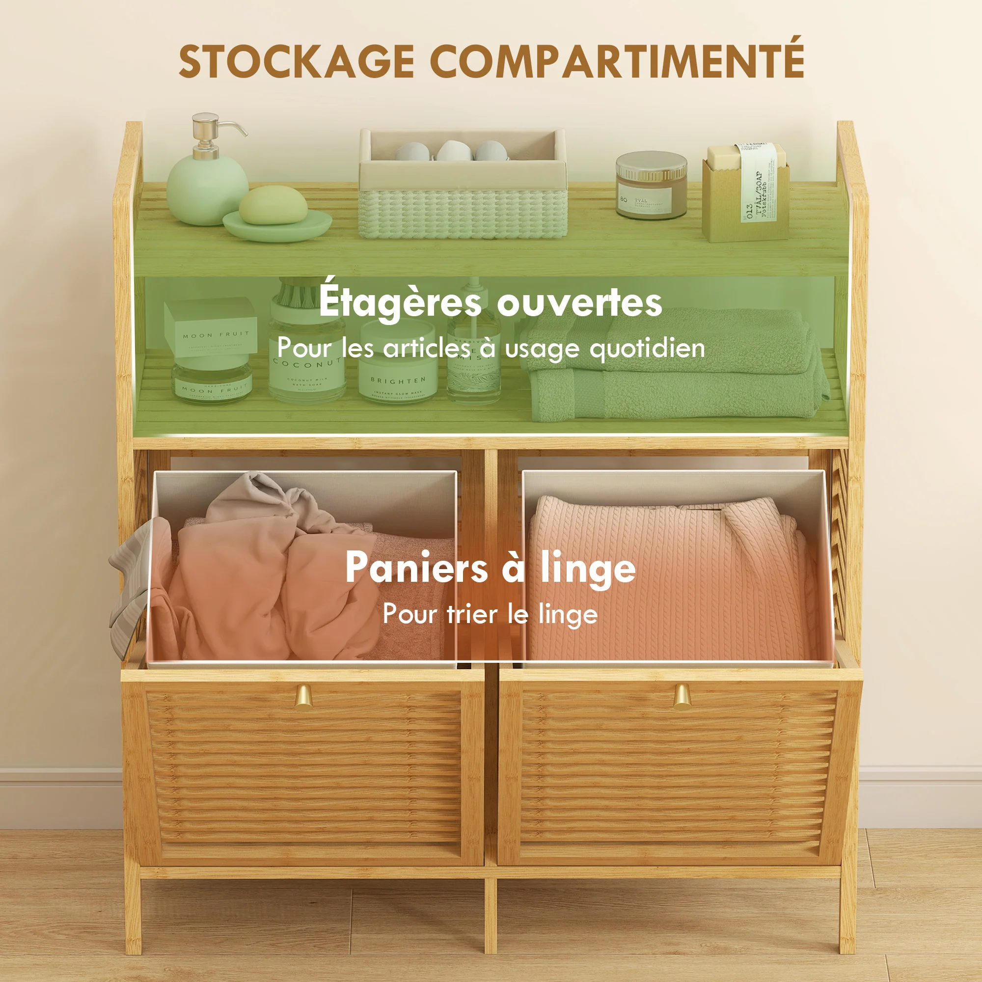 Meuble salle de bain avec panier à linge, armoire salle de bain en bambou avec 2 paniers en tissu amovibles et 2 étagères, corbeille à linge, pour toilette, buanderie, 82x33x88cm, bois naturel - Image 5