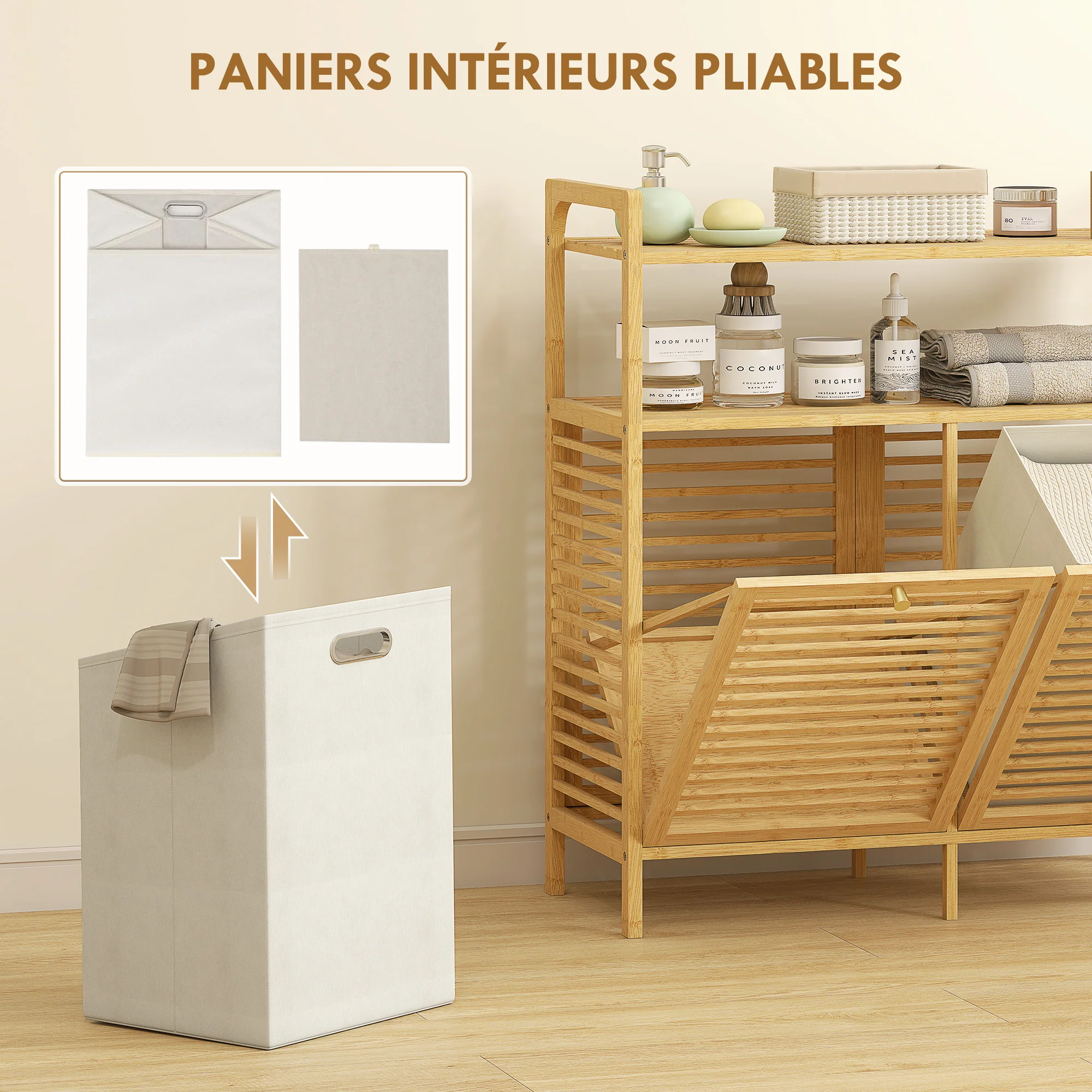 Meuble salle de bain avec panier à linge, armoire salle de bain en bambou avec 2 paniers en tissu amovibles et 2 étagères, corbeille à linge, pour toilette, buanderie, 82x33x88cm, bois naturel - Image 6