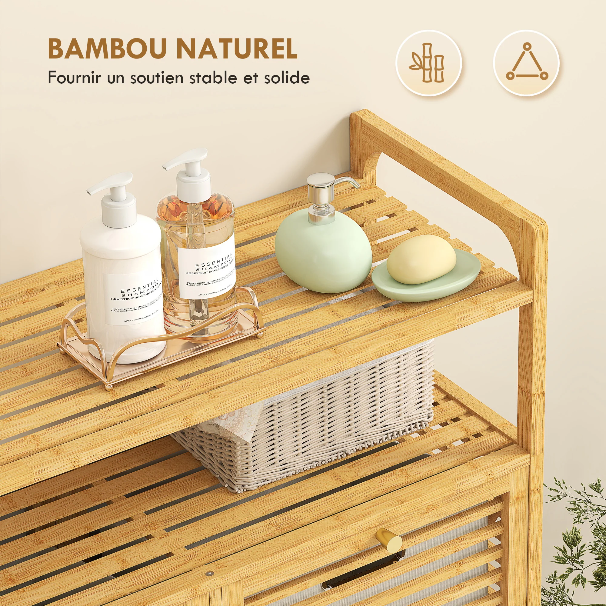 Meuble salle de bain avec panier à linge, armoire salle de bain en bambou avec 2 paniers en tissu amovibles et 2 étagères, corbeille à linge, pour toilette, buanderie, 82x33x88cm, bois naturel - Image 7