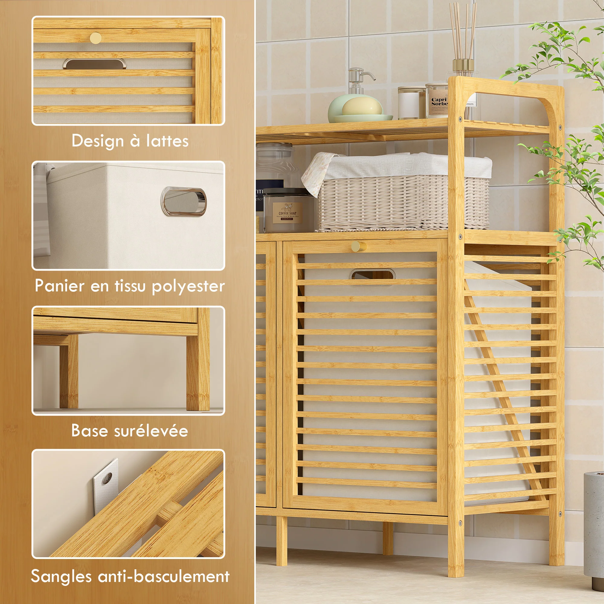 Meuble salle de bain avec panier à linge, armoire salle de bain en bambou avec 2 paniers en tissu amovibles et 2 étagères, corbeille à linge, pour toilette, buanderie, 82x33x88cm, bois naturel - Image 8