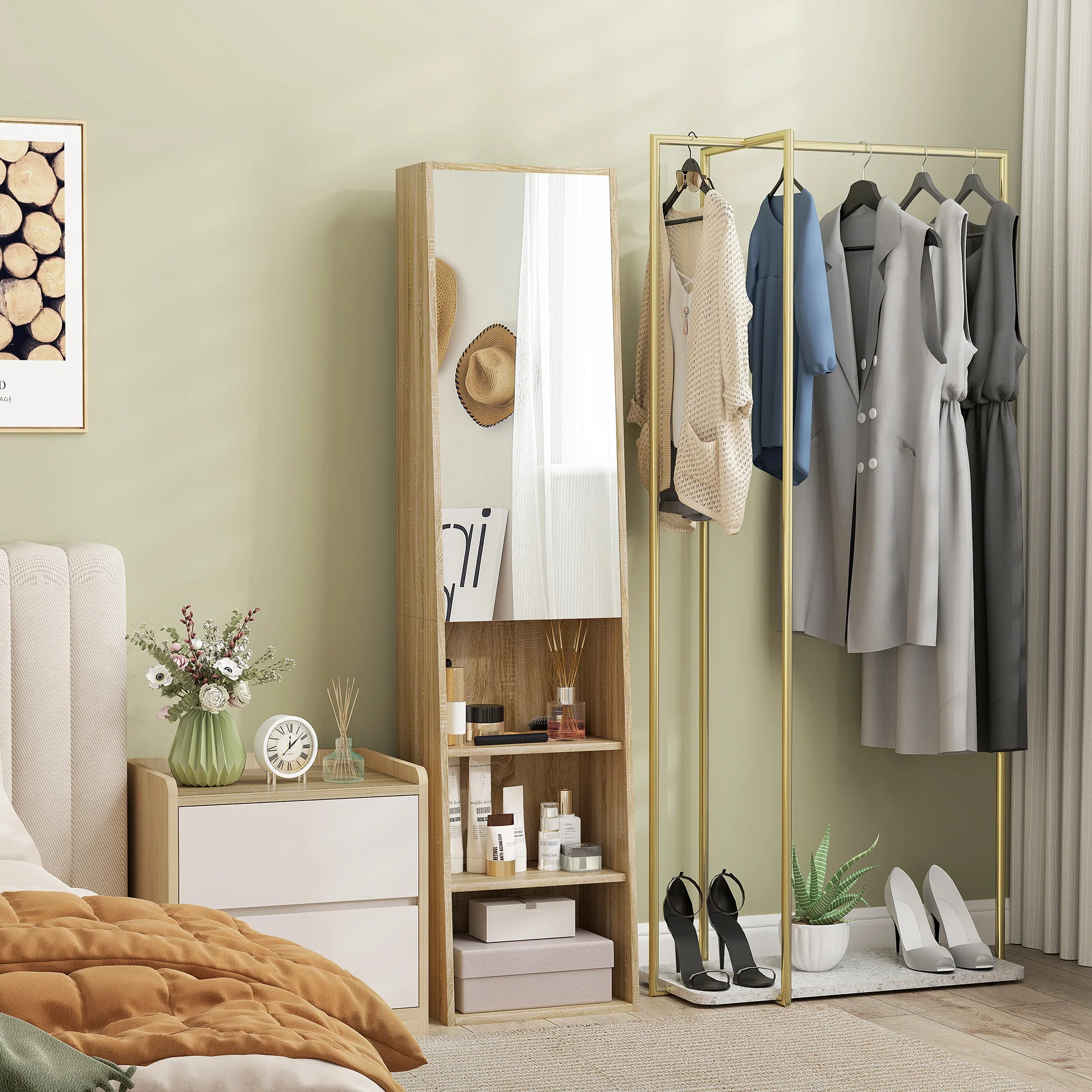 Meuble salle de bain colonne meuble de rangement trapézoïdal mince avec porte en miroir, étagère à 6 niveaux, armoire salle de bain pour petits espaces, 40 x 30 x 165 cm, bois naturel - Image 10