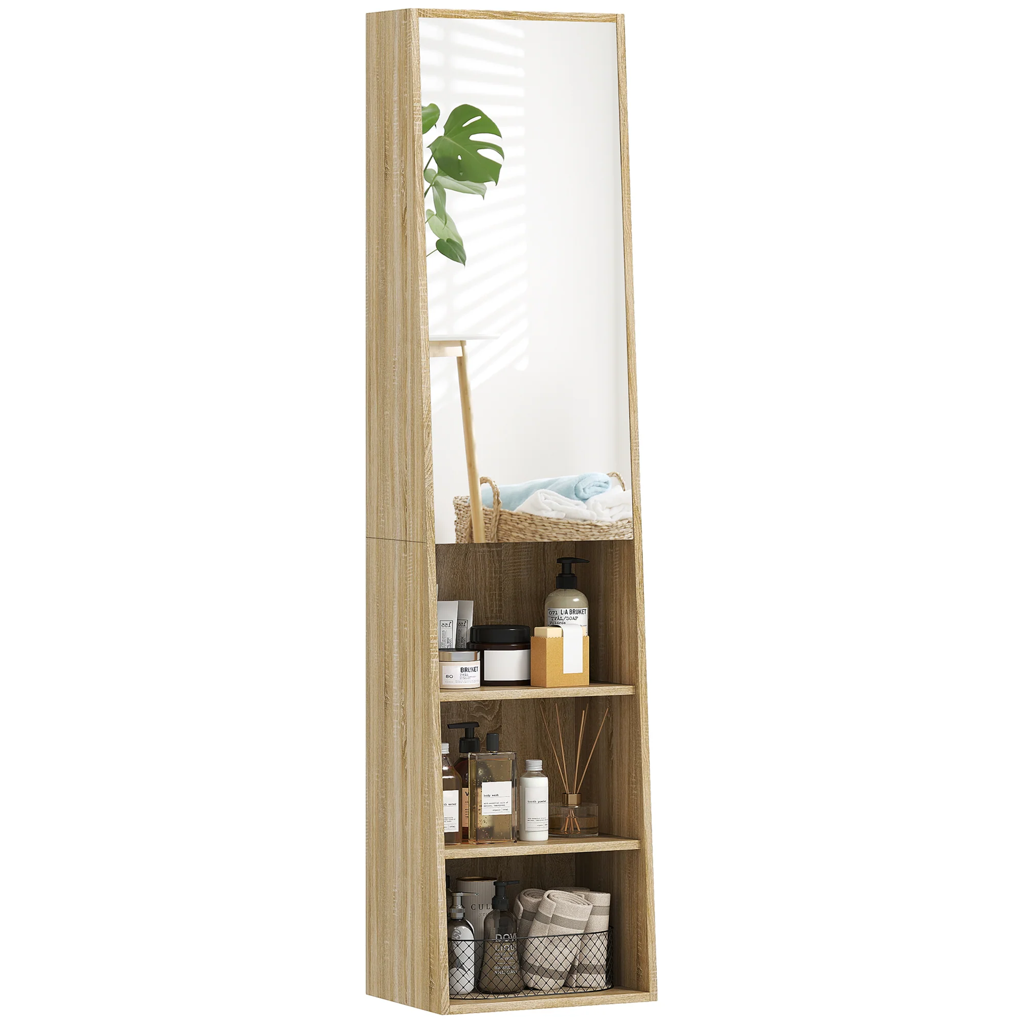 Meuble salle de bain colonne meuble de rangement trapézoïdal mince avec porte en miroir, étagère à 6 niveaux, armoire salle de bain pour petits espaces, 40 x 30 x 165 cm, bois naturel - Image 11