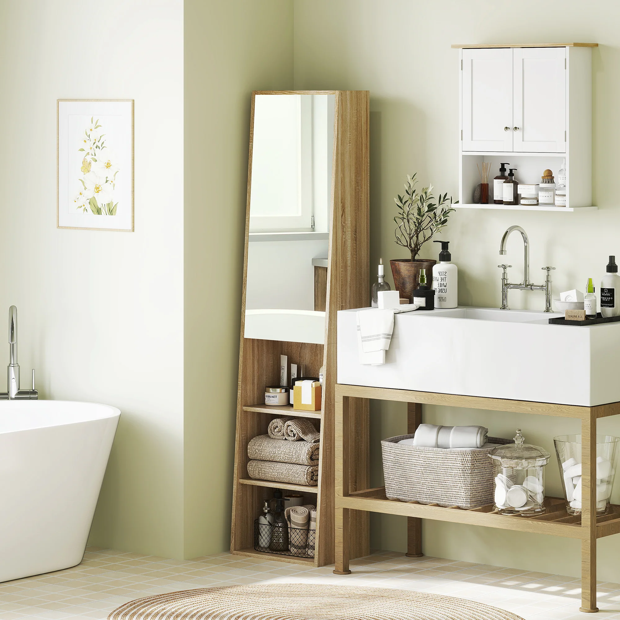 Meuble salle de bain colonne meuble de rangement trapézoïdal mince avec porte en miroir, étagère à 6 niveaux, armoire salle de bain pour petits espaces, 40 x 30 x 165 cm, bois naturel - Image 3