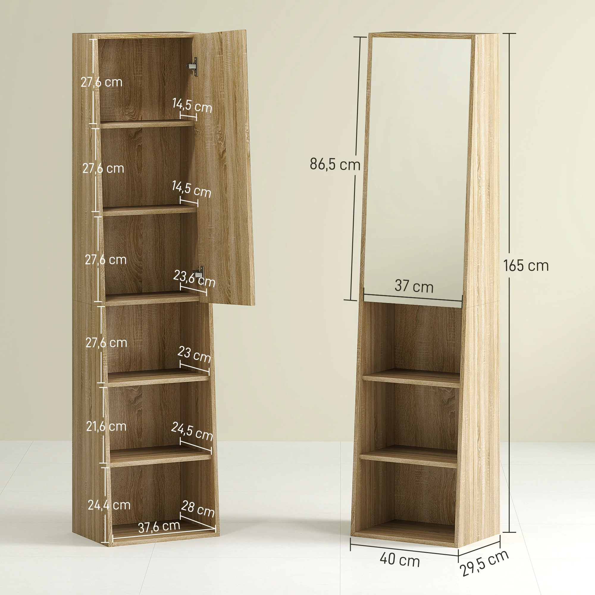 Meuble salle de bain colonne meuble de rangement trapézoïdal mince avec porte en miroir, étagère à 6 niveaux, armoire salle de bain pour petits espaces, 40 x 30 x 165 cm, bois naturel - Image 4