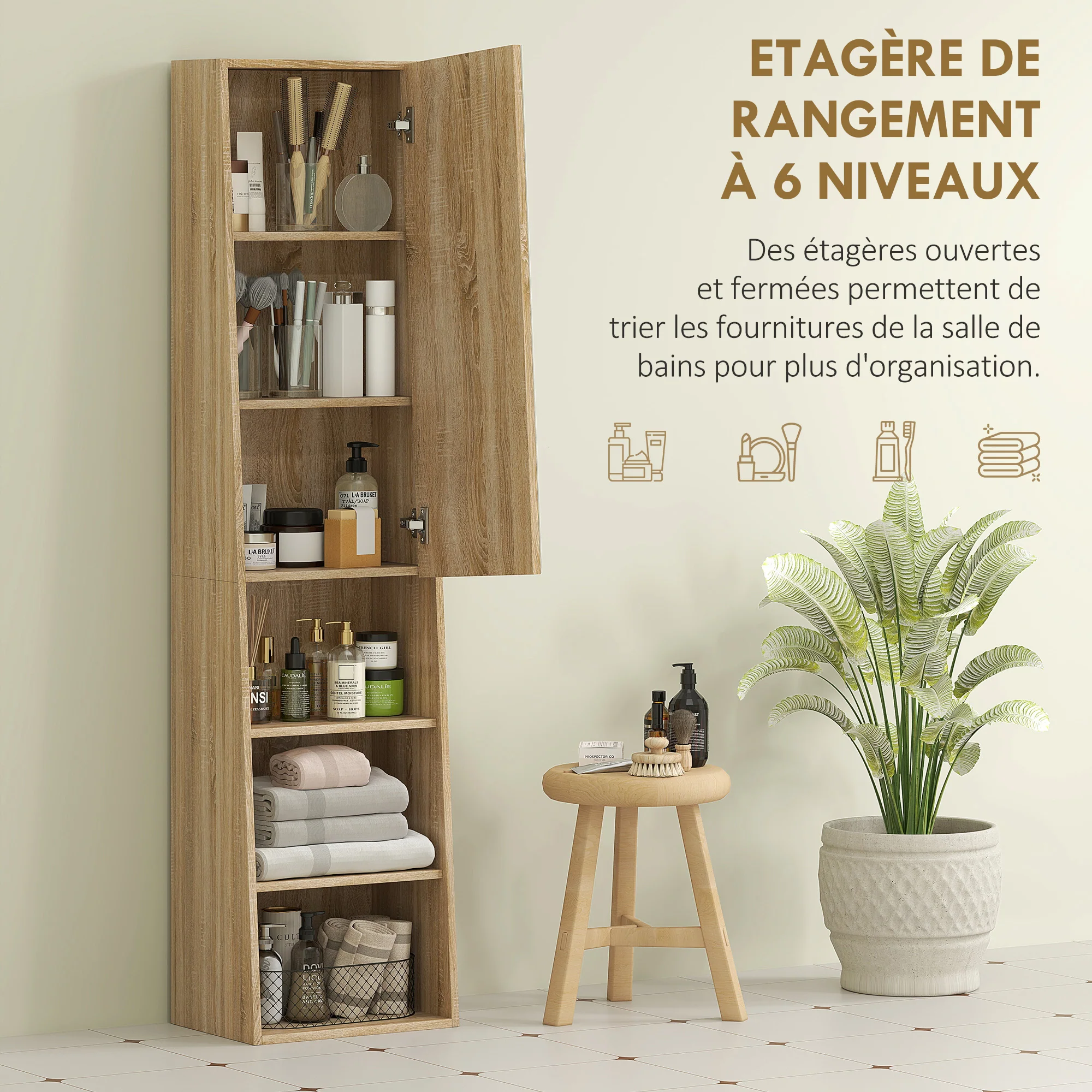 Meuble salle de bain colonne meuble de rangement trapézoïdal mince avec porte en miroir, étagère à 6 niveaux, armoire salle de bain pour petits espaces, 40 x 30 x 165 cm, bois naturel - Image 5