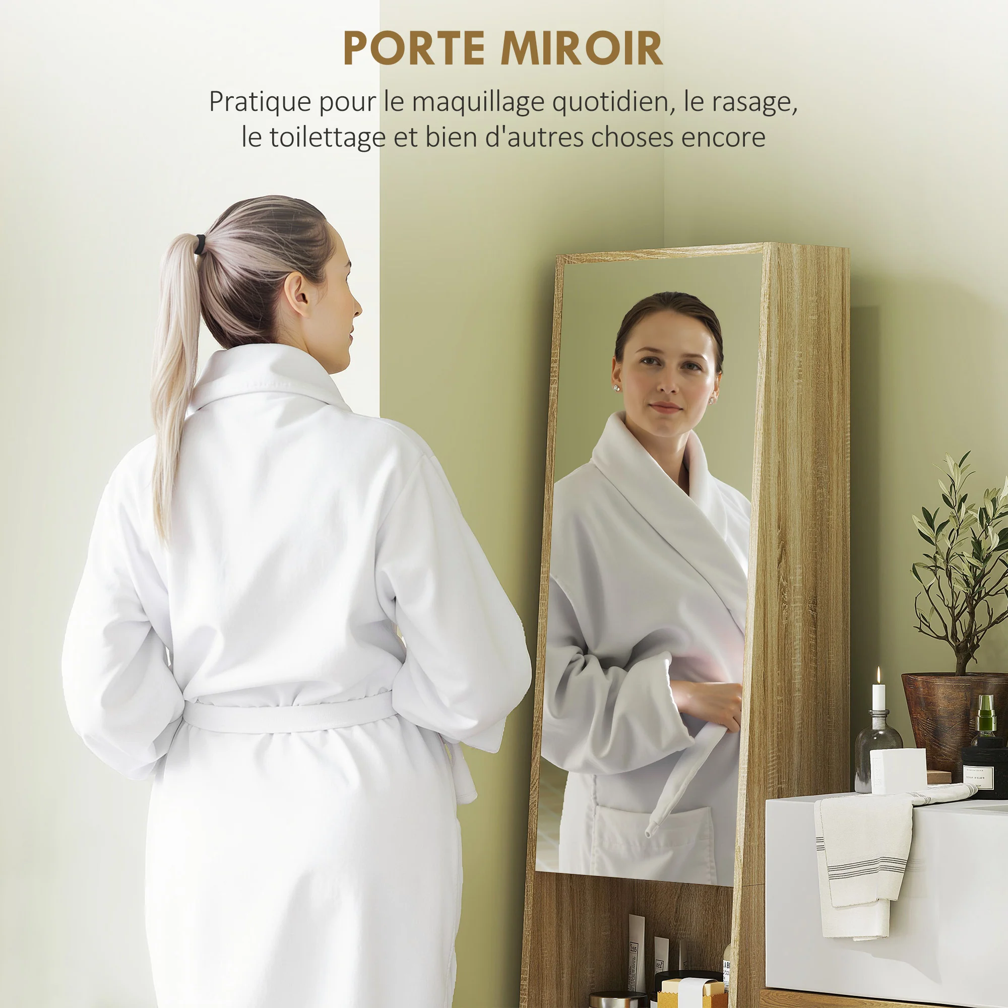 Meuble salle de bain colonne meuble de rangement trapézoïdal mince avec porte en miroir, étagère à 6 niveaux, armoire salle de bain pour petits espaces, 40 x 30 x 165 cm, bois naturel - Image 6