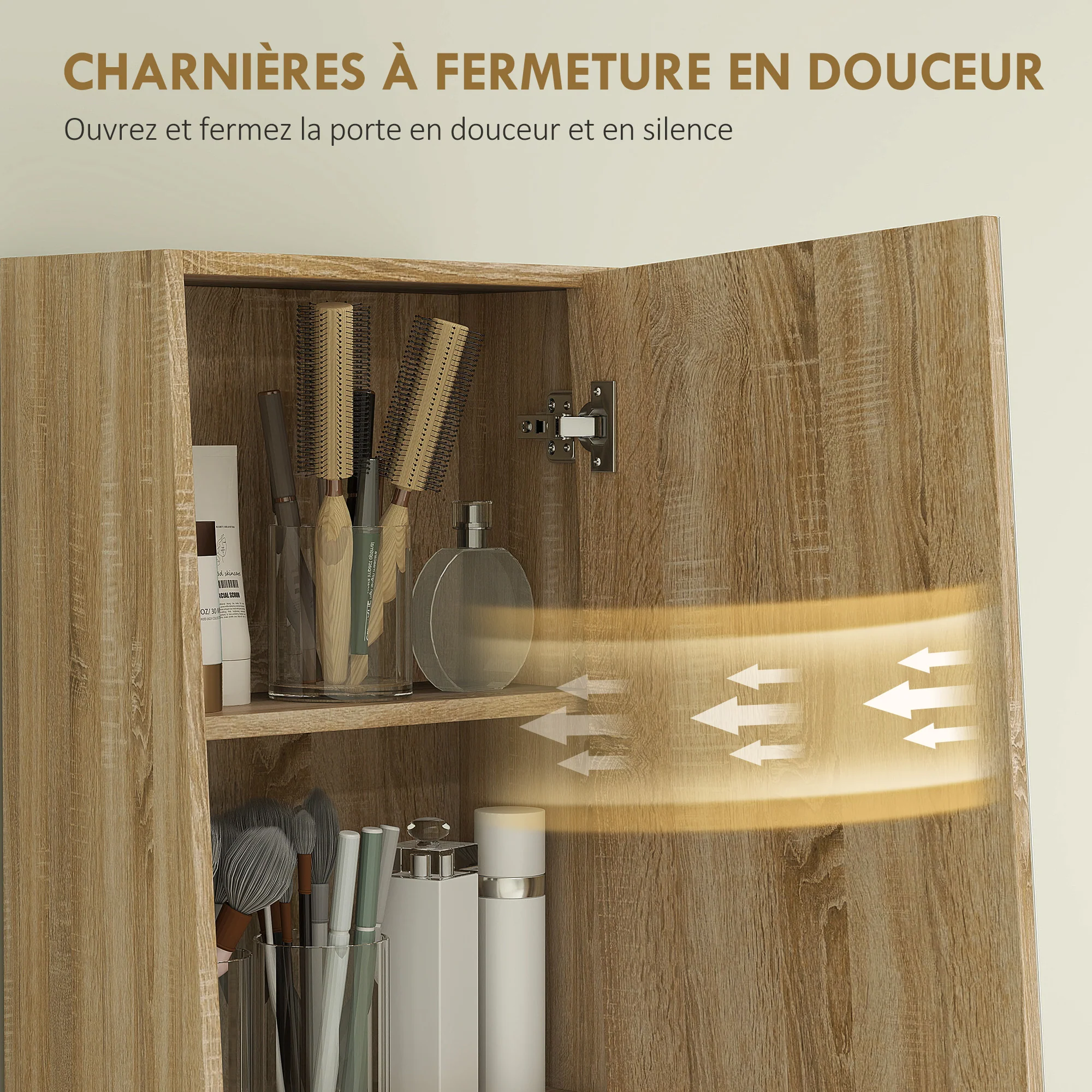 Meuble salle de bain colonne meuble de rangement trapézoïdal mince avec porte en miroir, étagère à 6 niveaux, armoire salle de bain pour petits espaces, 40 x 30 x 165 cm, bois naturel - Image 7