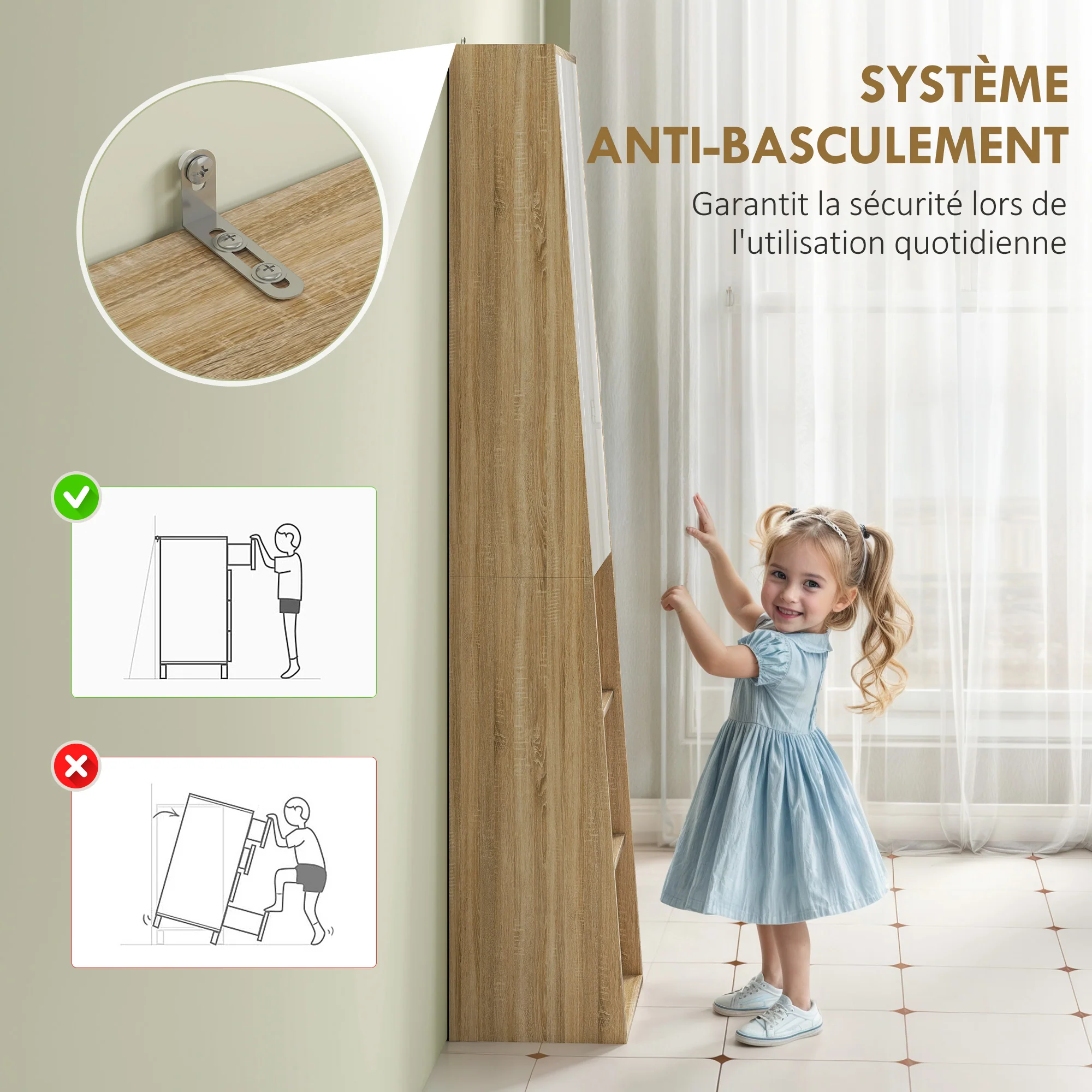 Meuble salle de bain colonne meuble de rangement trapézoïdal mince avec porte en miroir, étagère à 6 niveaux, armoire salle de bain pour petits espaces, 40 x 30 x 165 cm, bois naturel - Image 8