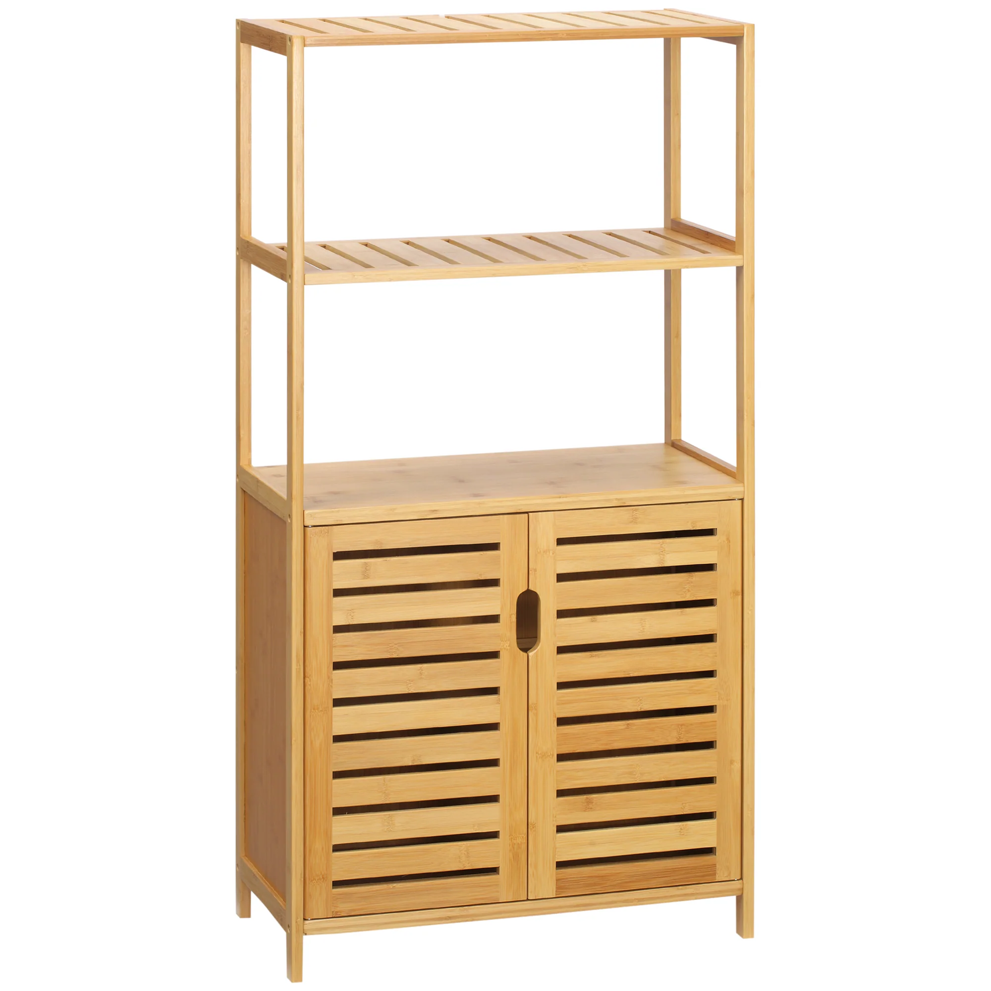 Meuble salle de bain en bambou, armoire salle de bain sur pied avec 2 étagères ouvertes et double porte à lattes, meuble de rangement pour salon, chambre, toilette, 60 x 30 x 120 cm, naturel - Image 2