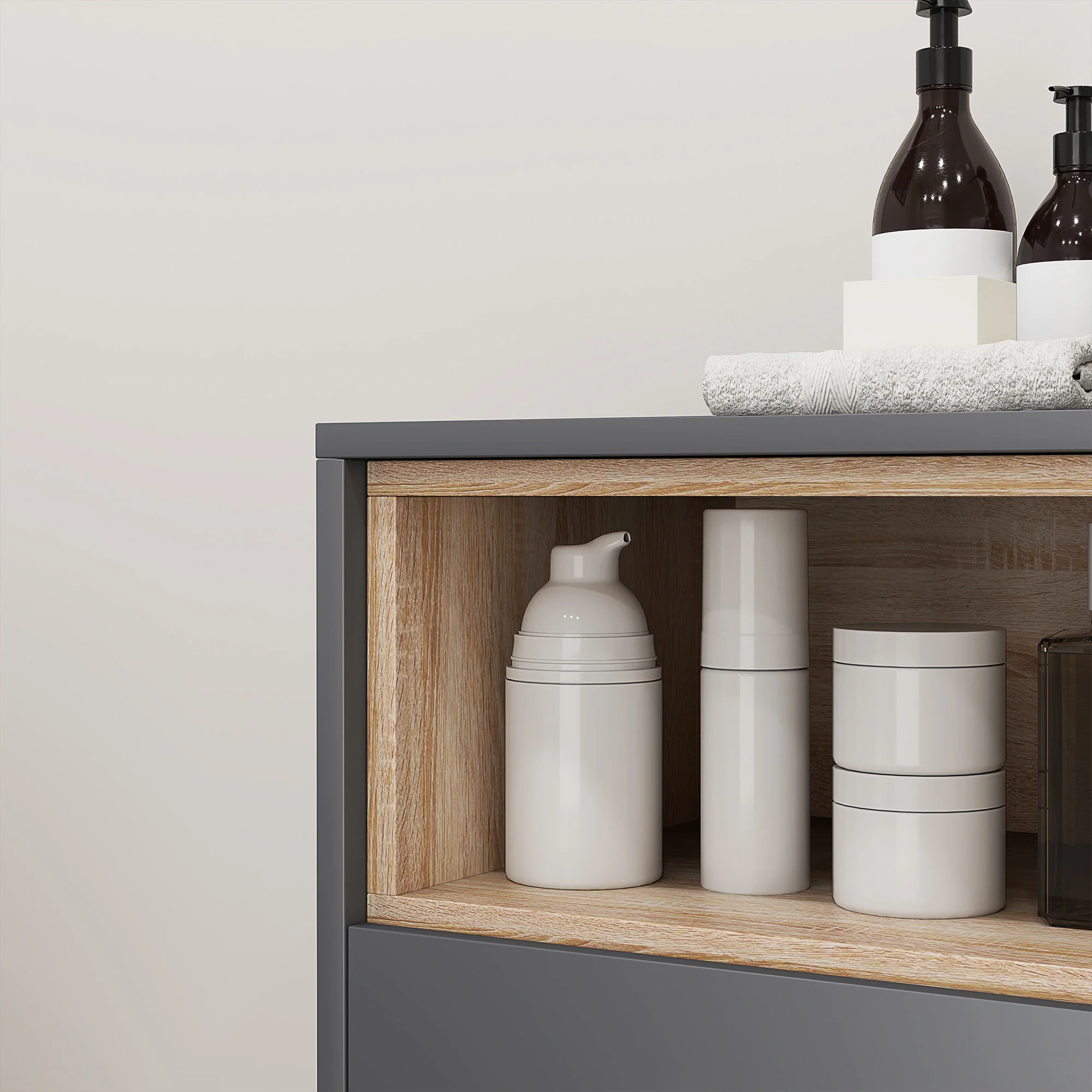 Meuble salle de bain rangement, meuble de rangement style moderne avec compartiments ouverts et portes doubles, armoire pour salle de bain, salon, cuisine - 80l x 35P x 70H cm, gris - Image 10